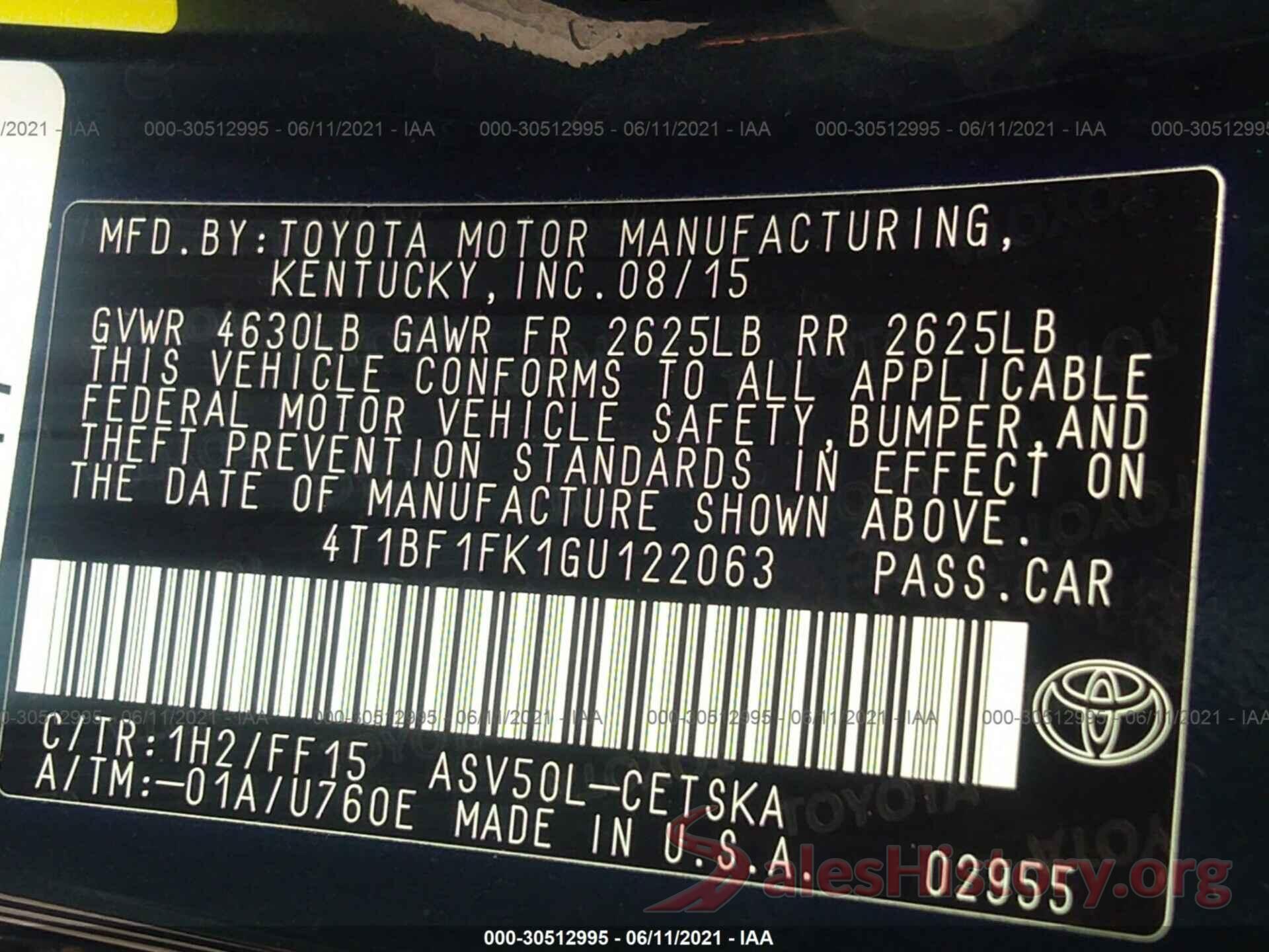 4T1BF1FK1GU122063 2016 TOYOTA CAMRY