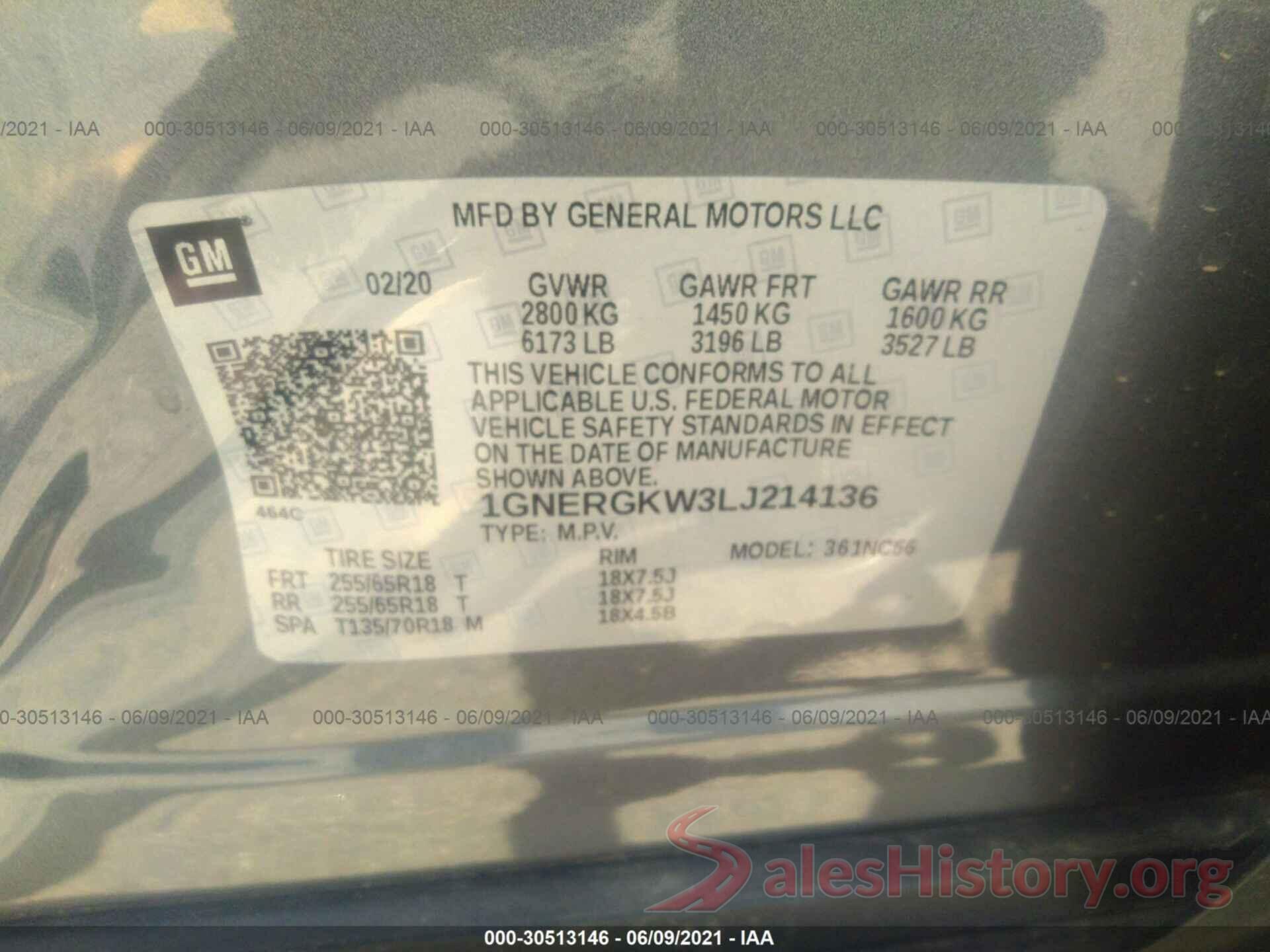 1GNERGKW3LJ214136 2020 CHEVROLET TRAVERSE