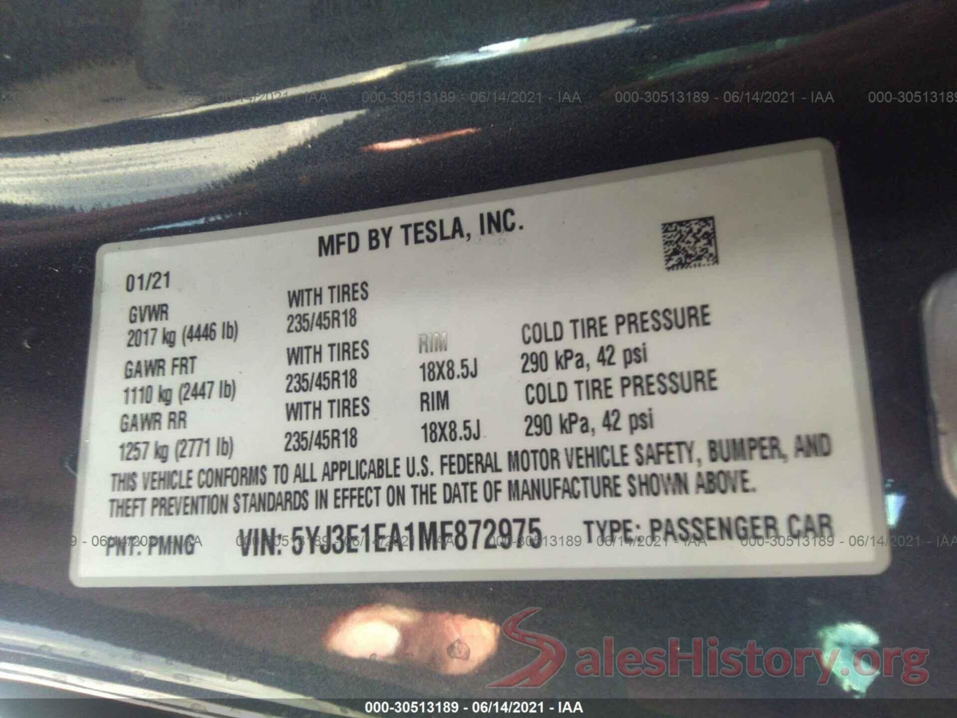 5YJ3E1EA1MF872975 2021 TESLA MODEL 3