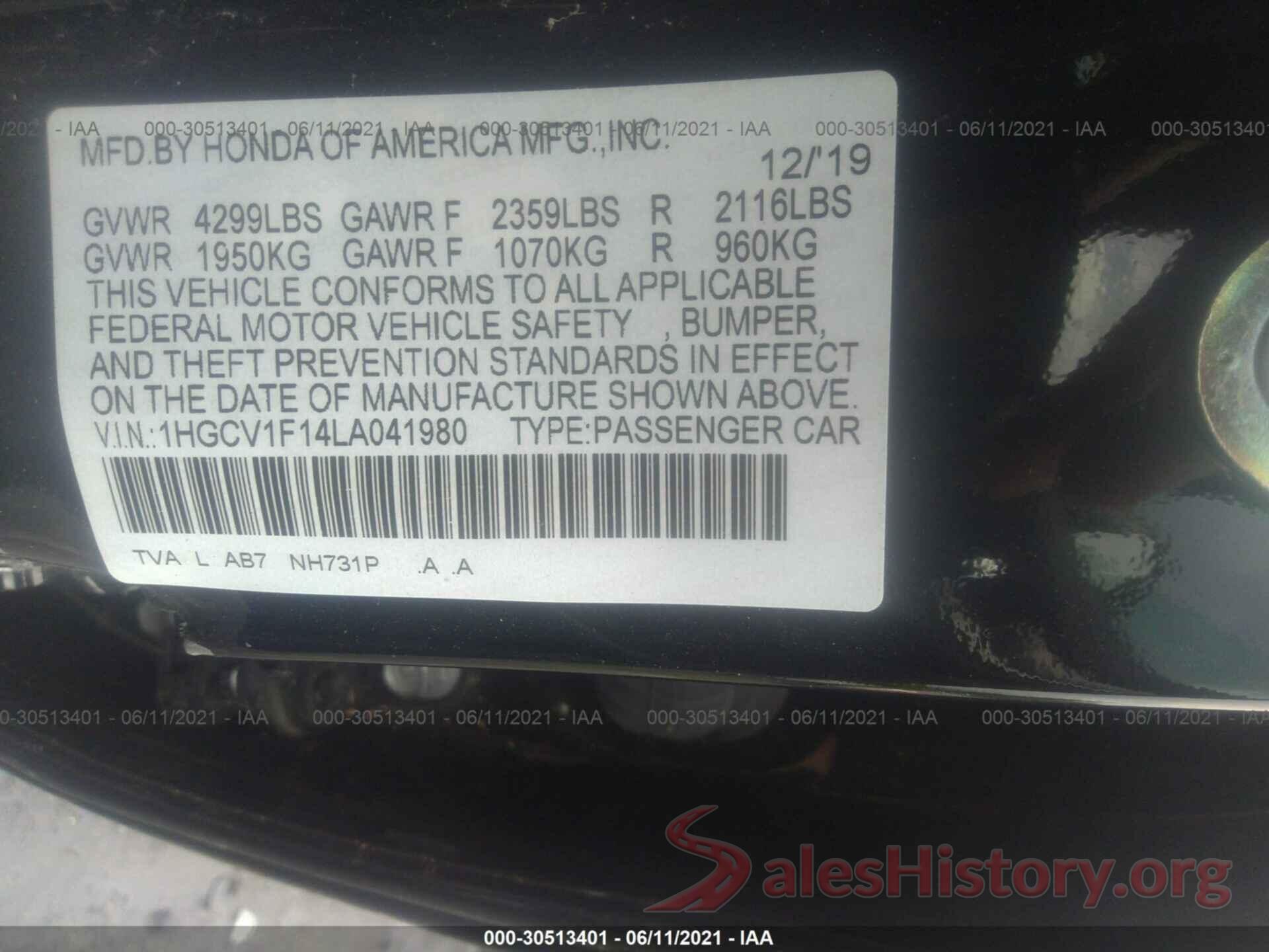 1HGCV1F14LA041980 2020 HONDA ACCORD SEDAN