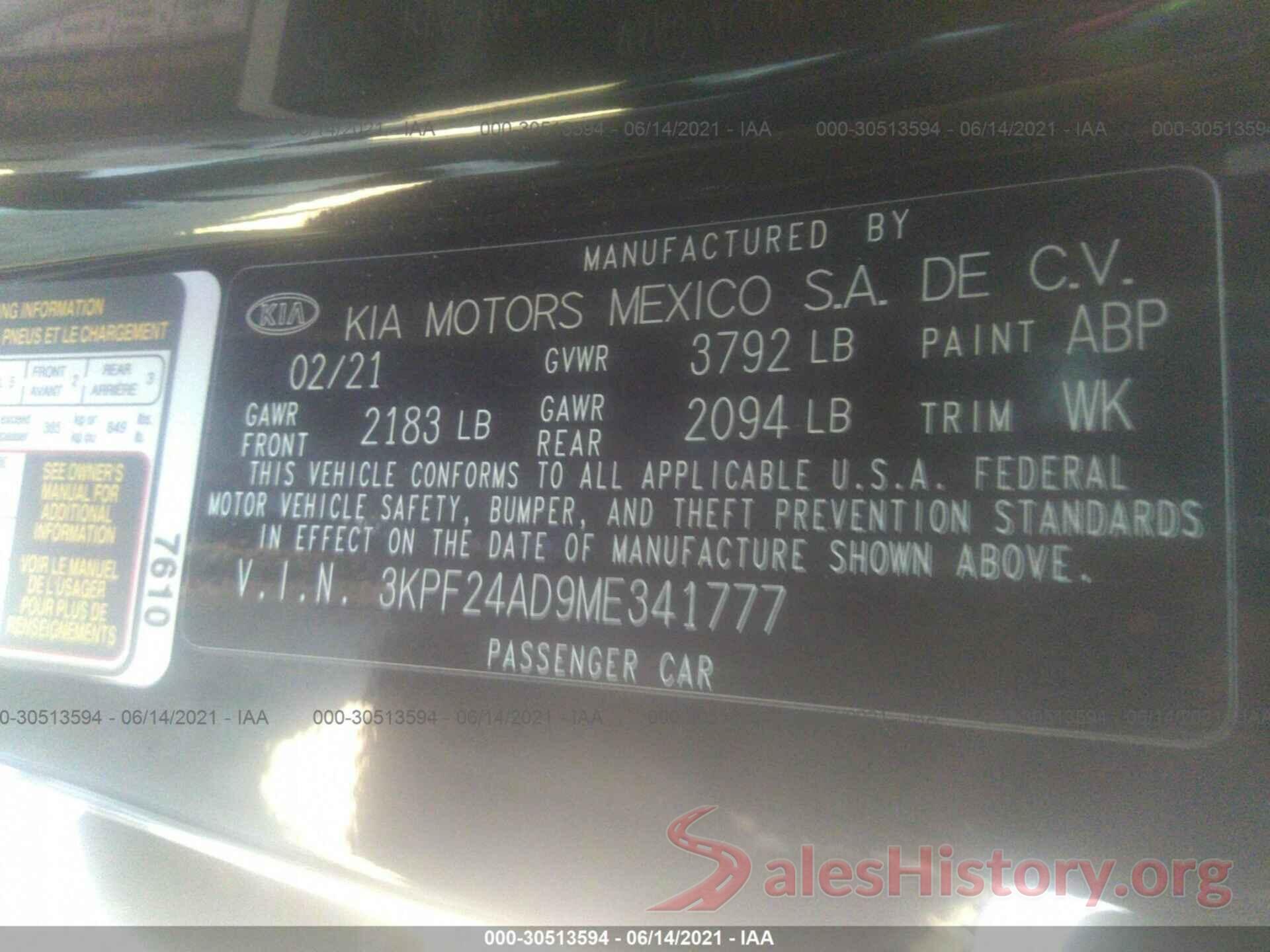 3KPF24AD9ME341777 2021 KIA FORTE