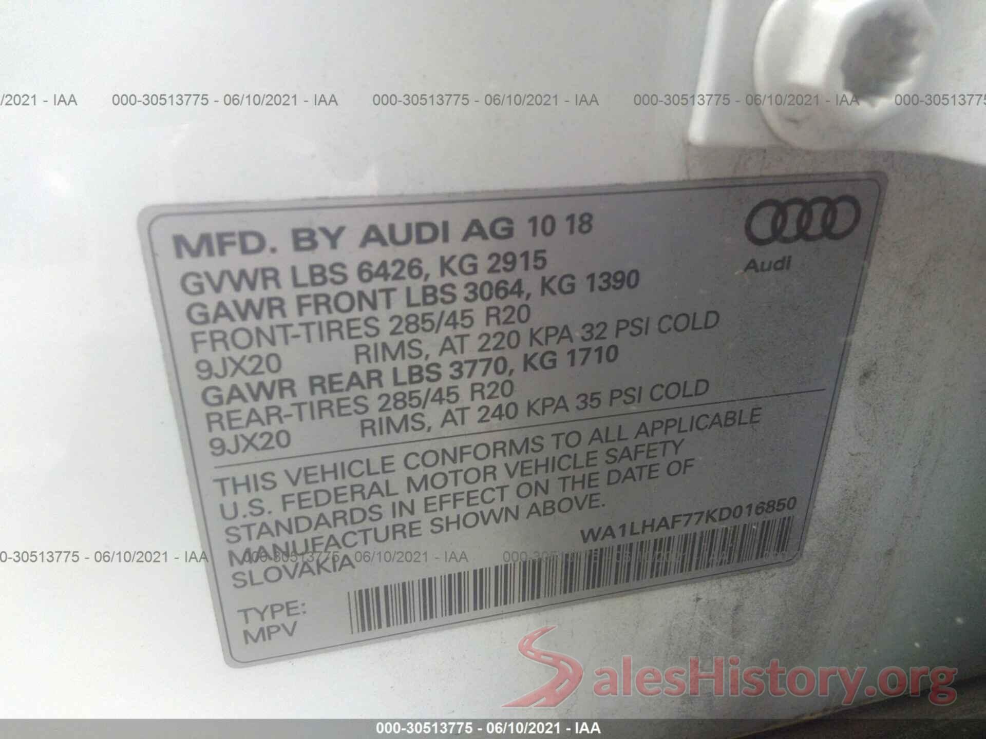 WA1LHAF77KD016850 2019 AUDI Q7