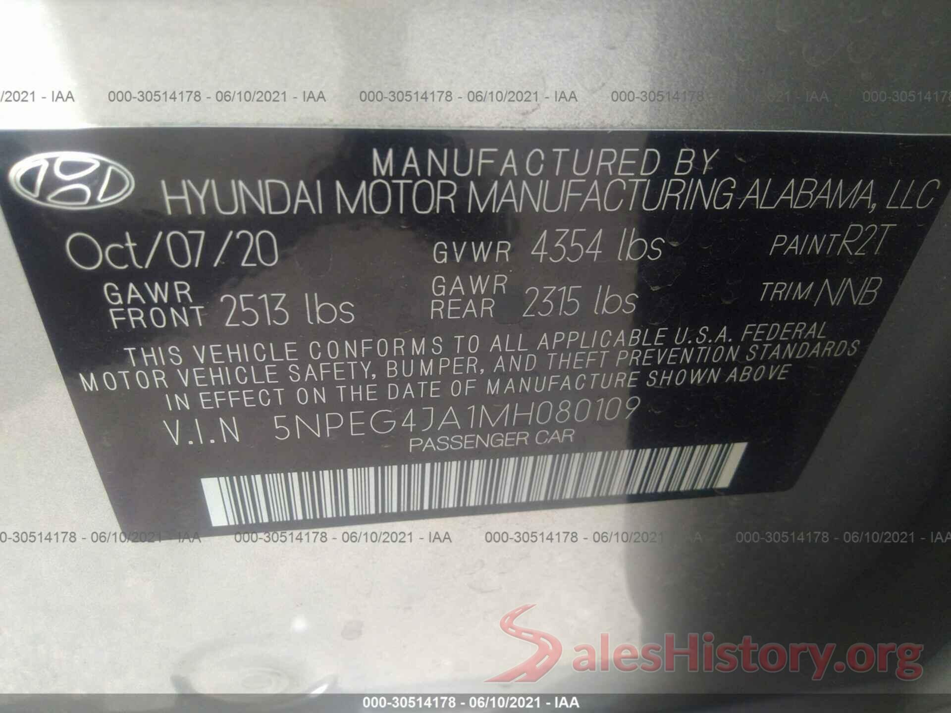 5NPEG4JA1MH080109 2021 HYUNDAI SONATA