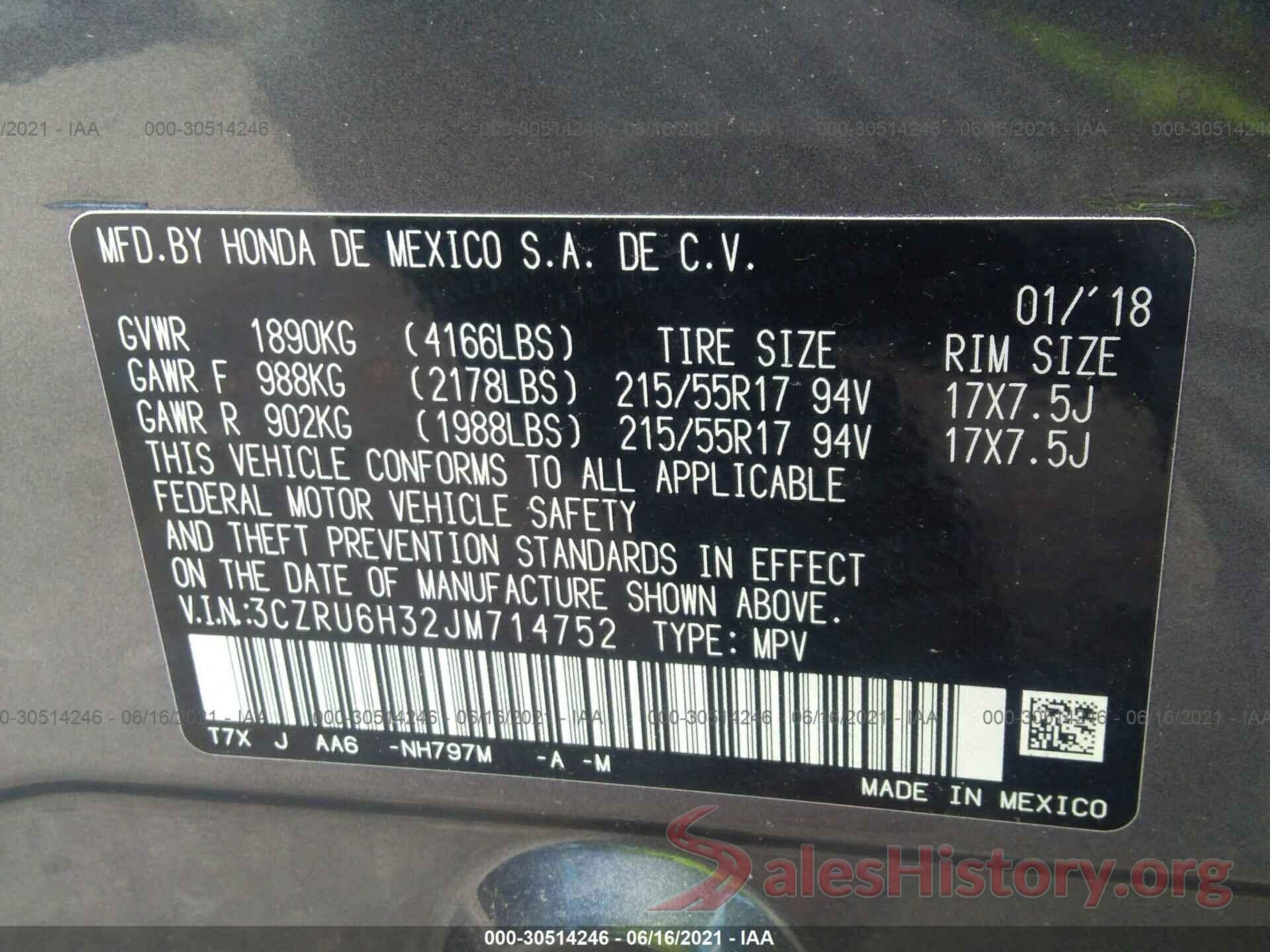 3CZRU6H32JM714752 2018 HONDA HR-V