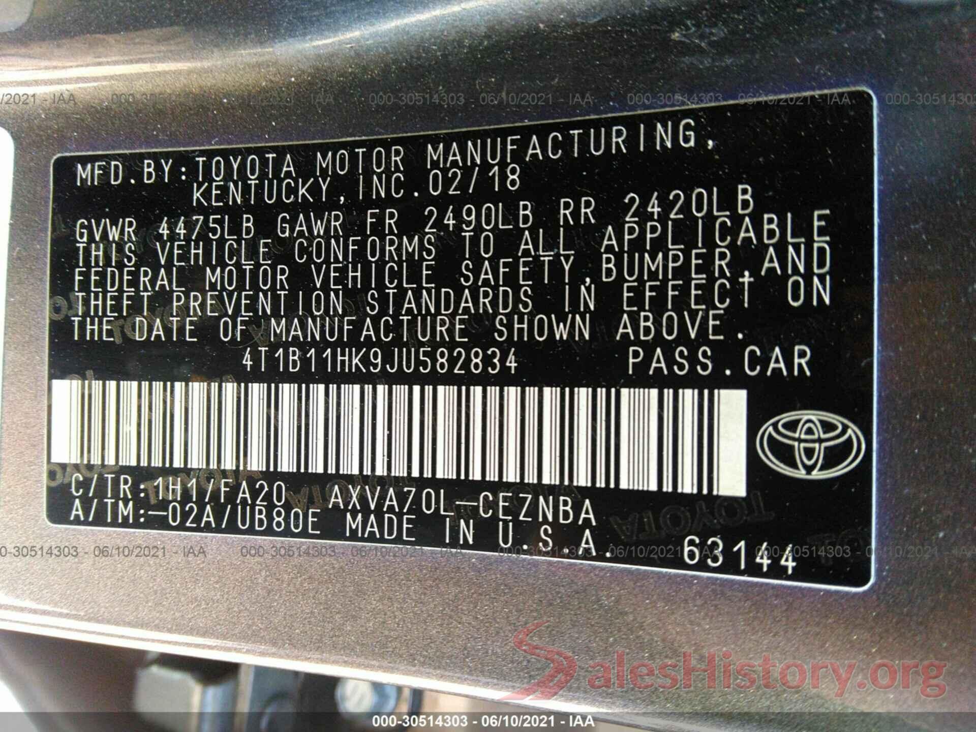 4T1B11HK9JU582834 2018 TOYOTA CAMRY