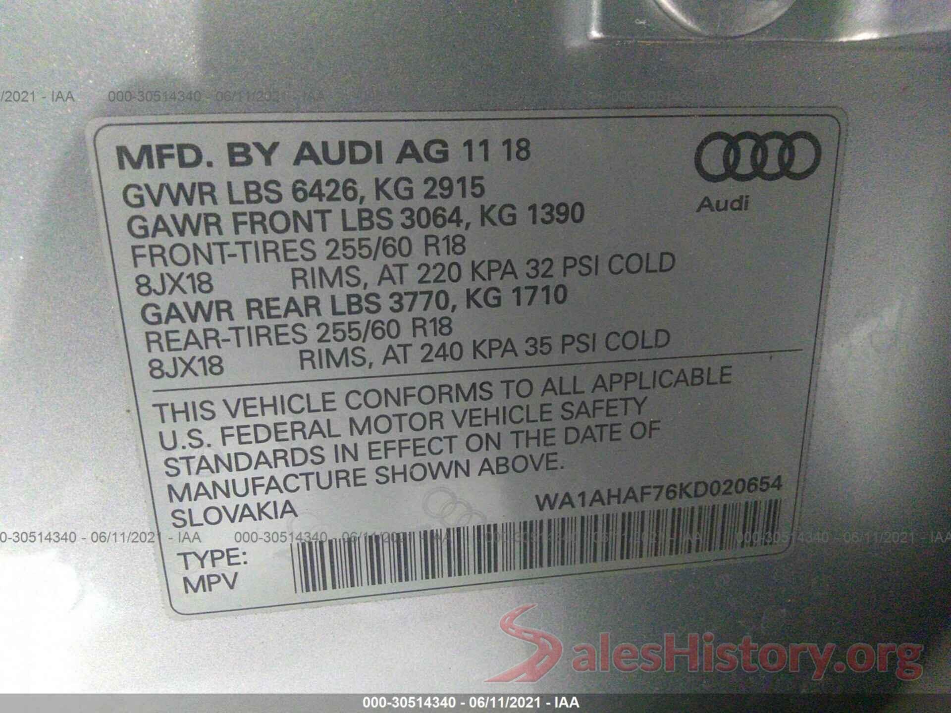 WA1AHAF76KD020654 2019 AUDI Q7