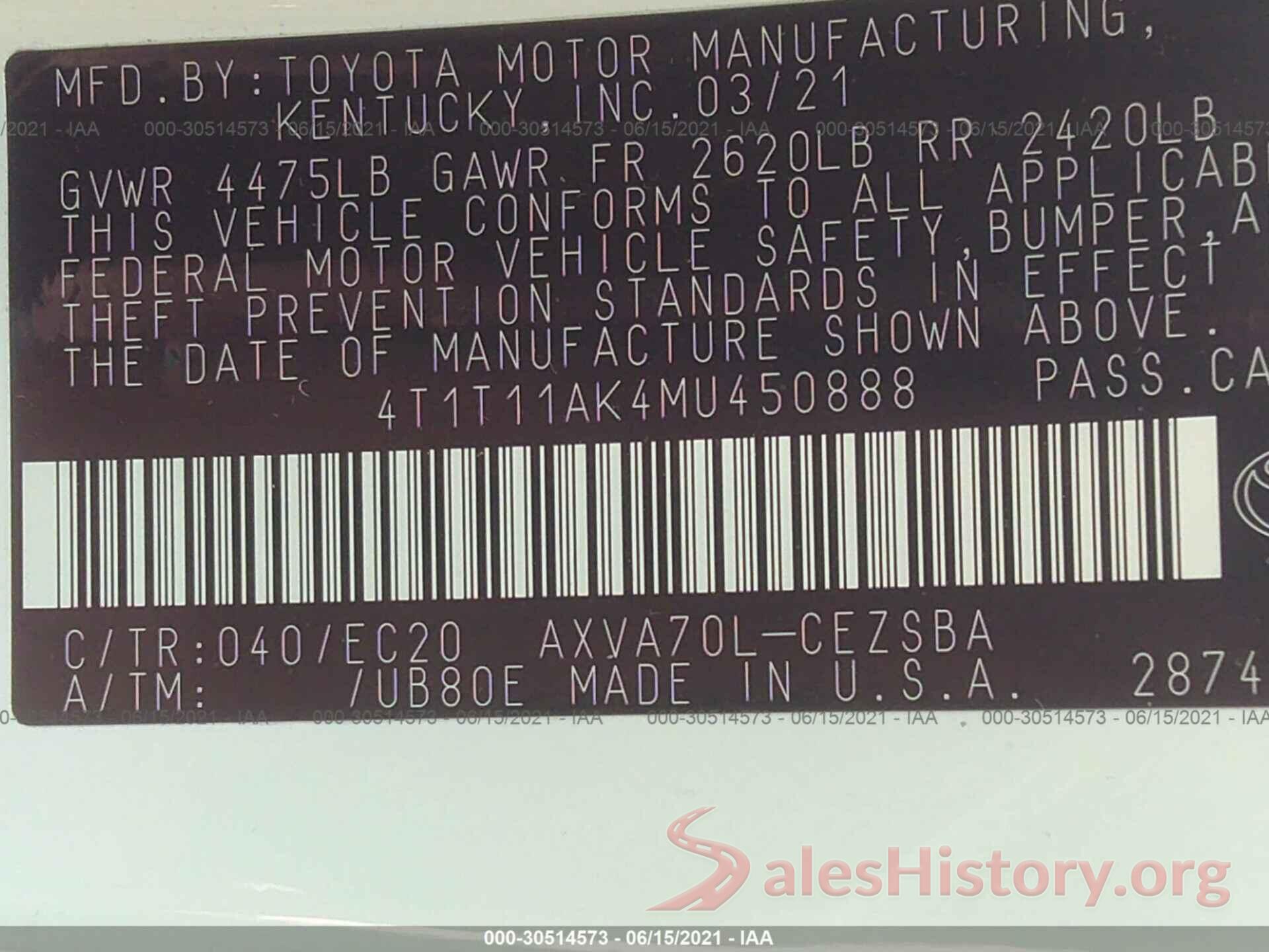 4T1T11AK4MU450888 2021 TOYOTA CAMRY