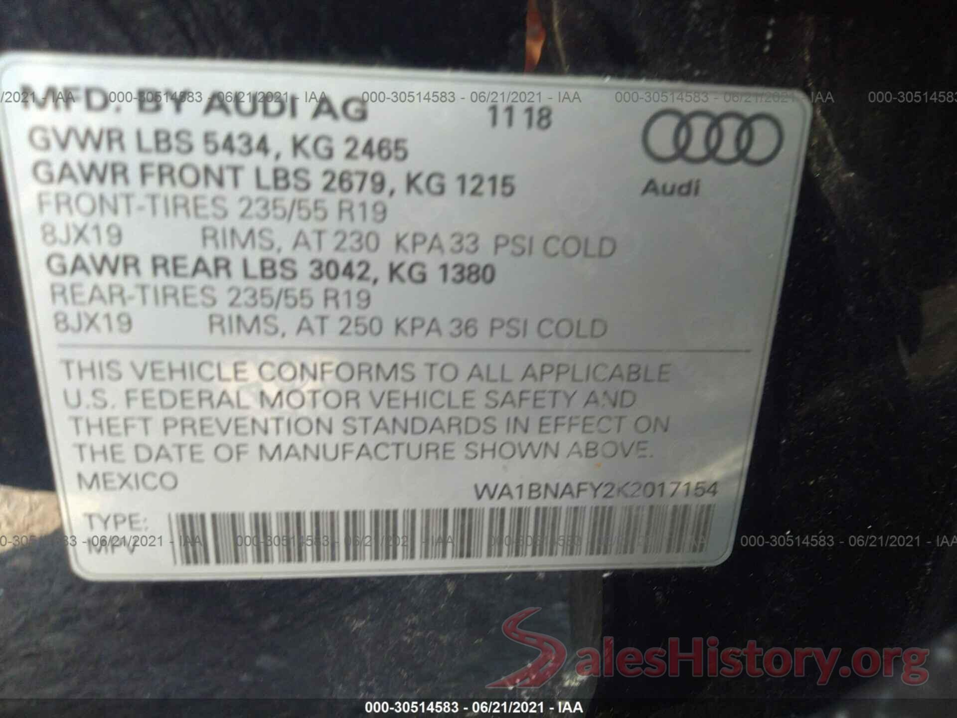 WA1BNAFY2K2017154 2019 AUDI Q5