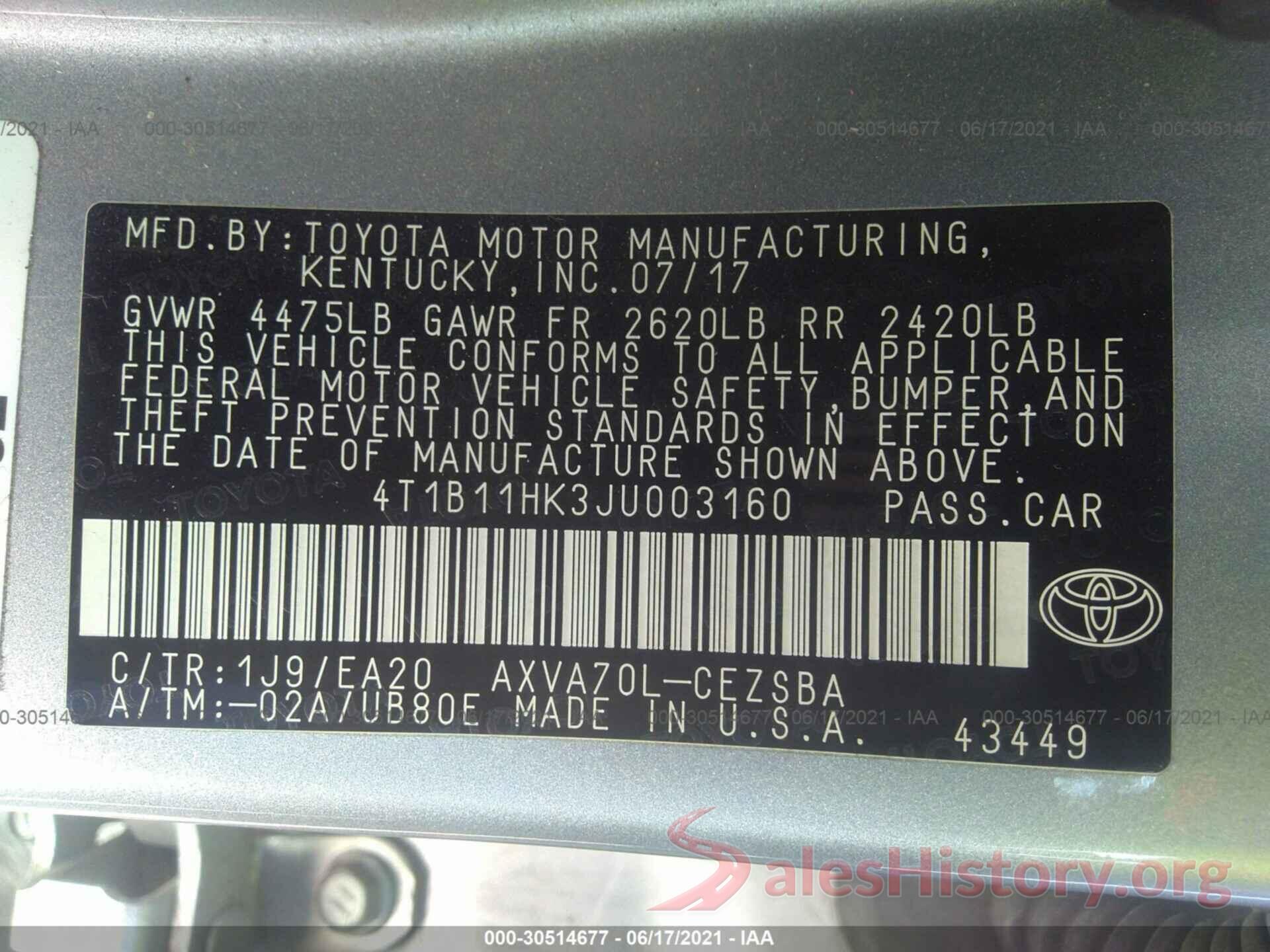 4T1B11HK3JU003160 2018 TOYOTA CAMRY