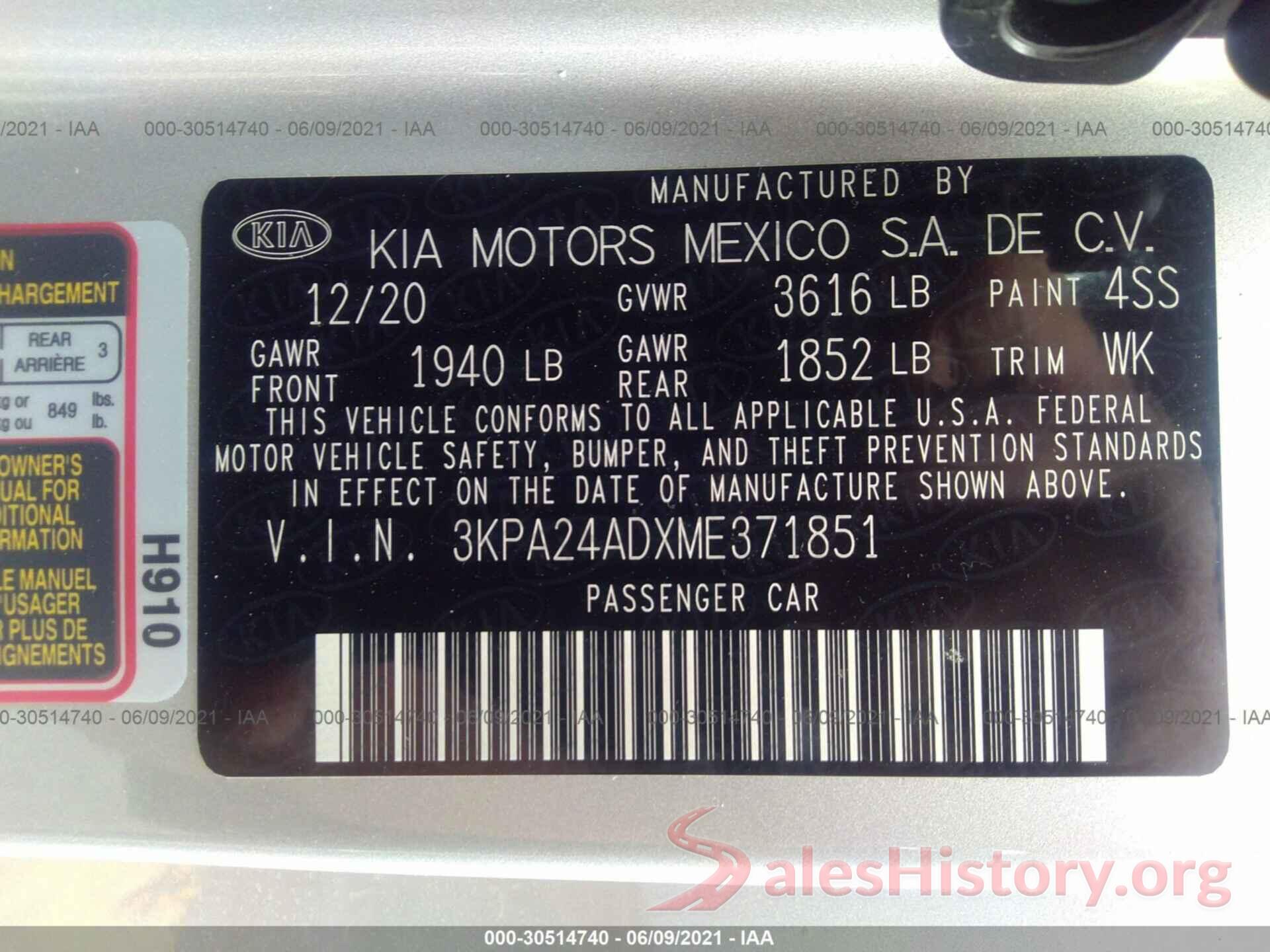 3KPA24ADXME371851 2021 KIA RIO