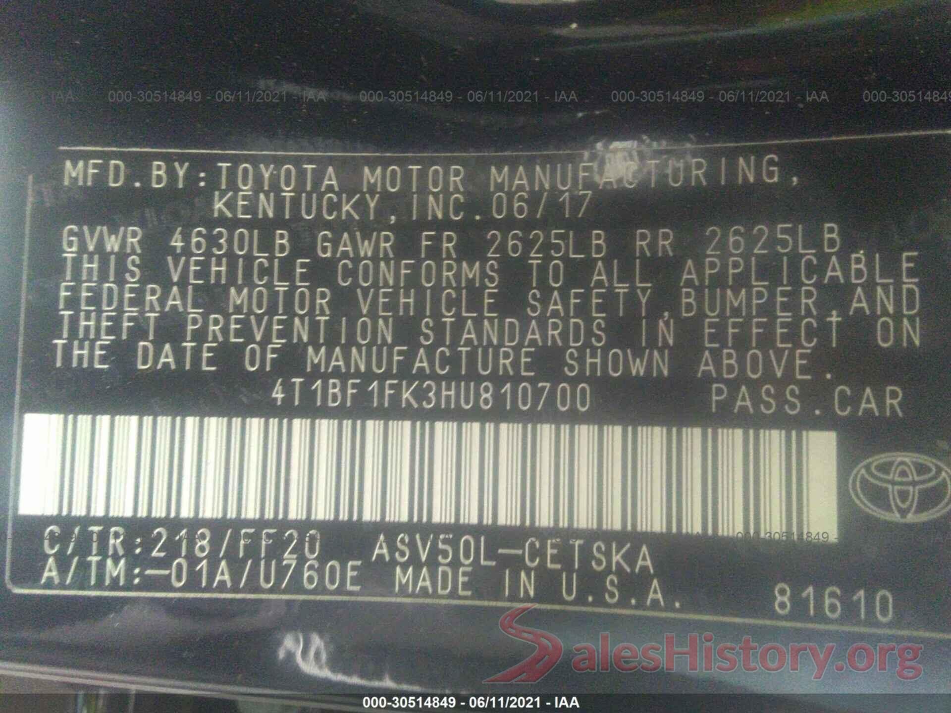 4T1BF1FK3HU810700 2017 TOYOTA CAMRY