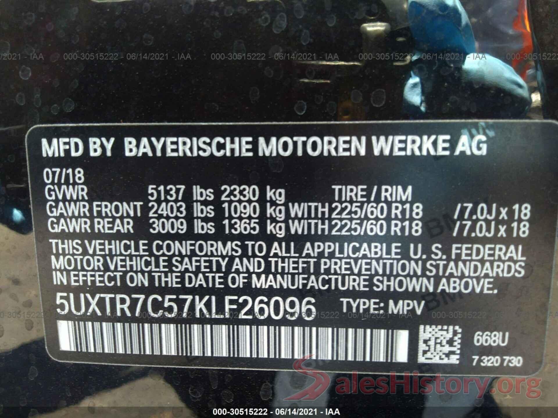 5UXTR7C57KLF26096 2019 BMW X3