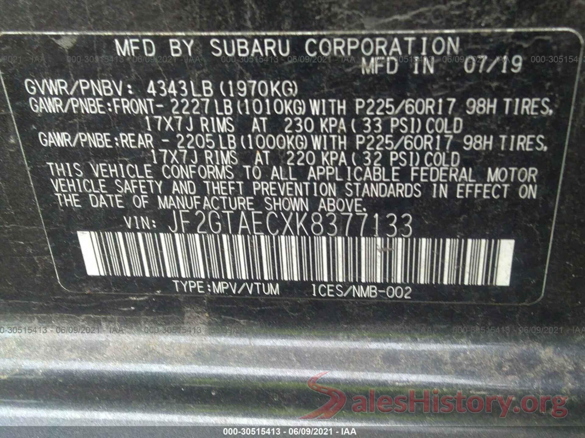 JF2GTAECXK8377133 2019 SUBARU CROSSTREK