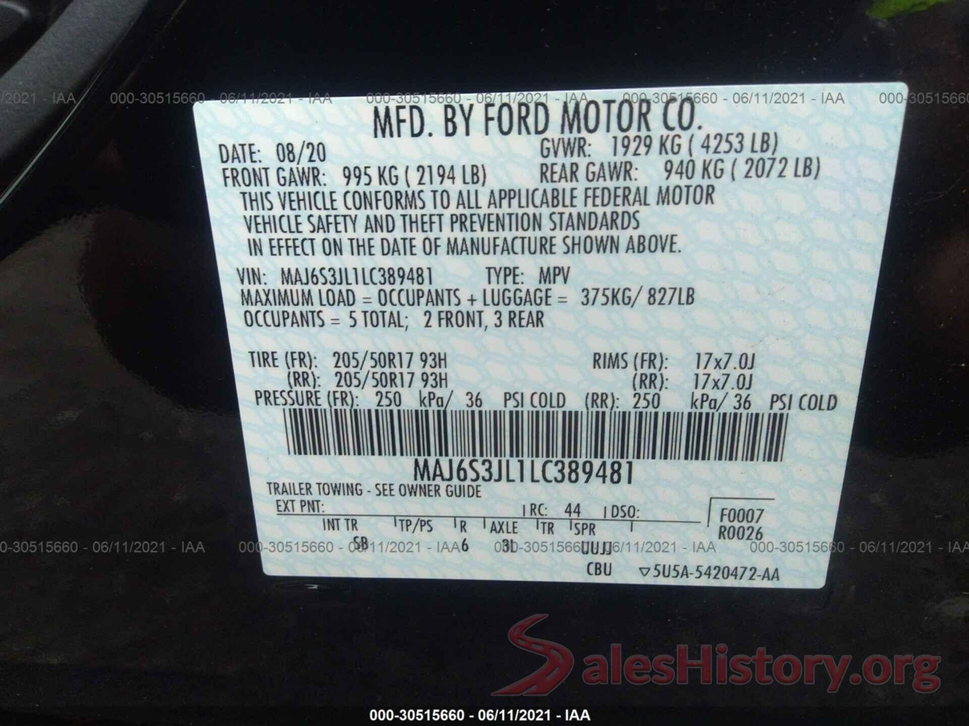 MAJ6S3JL1LC389481 2020 FORD ECOSPORT