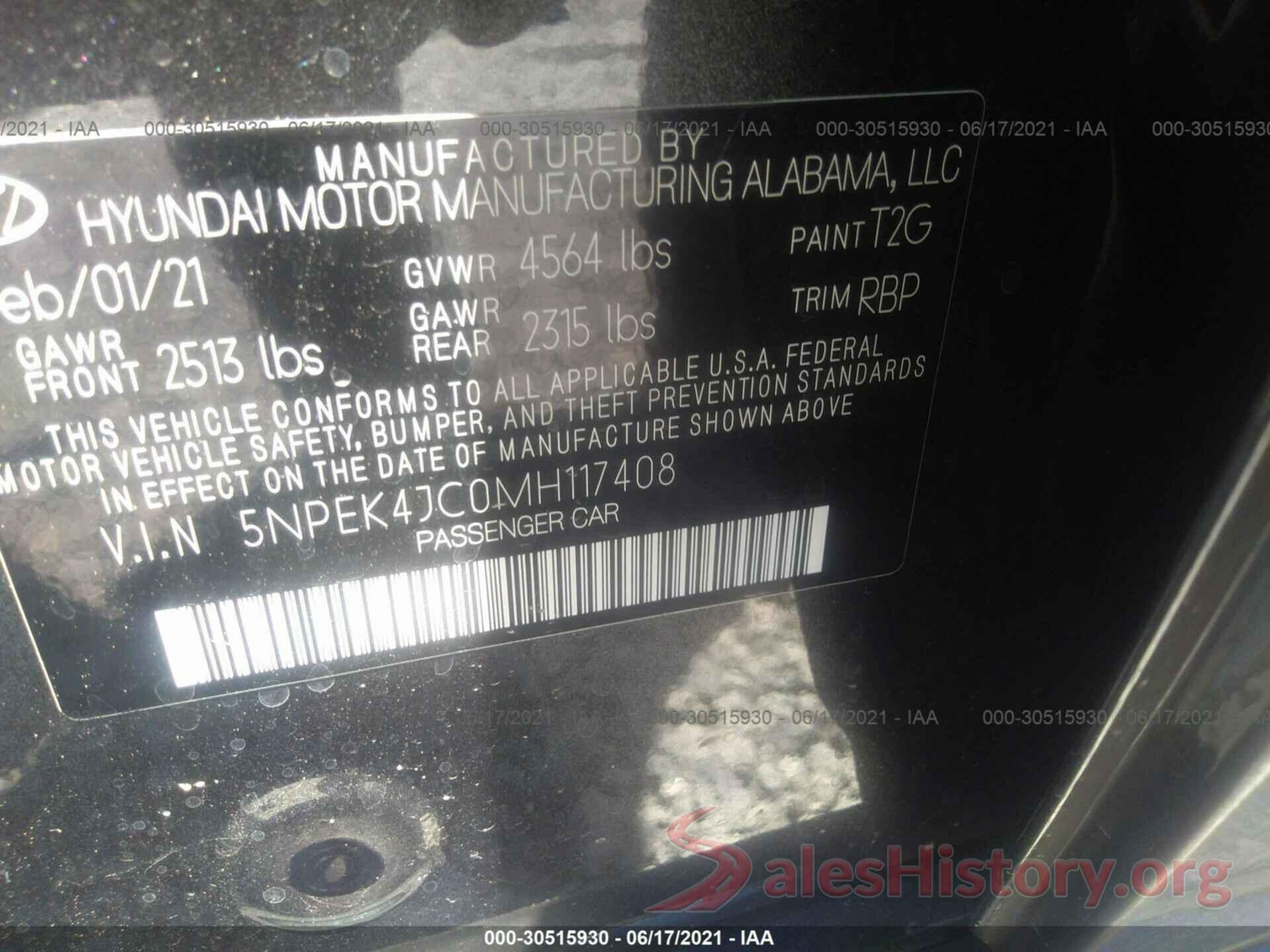 5NPEK4JC0MH117408 2021 HYUNDAI SONATA