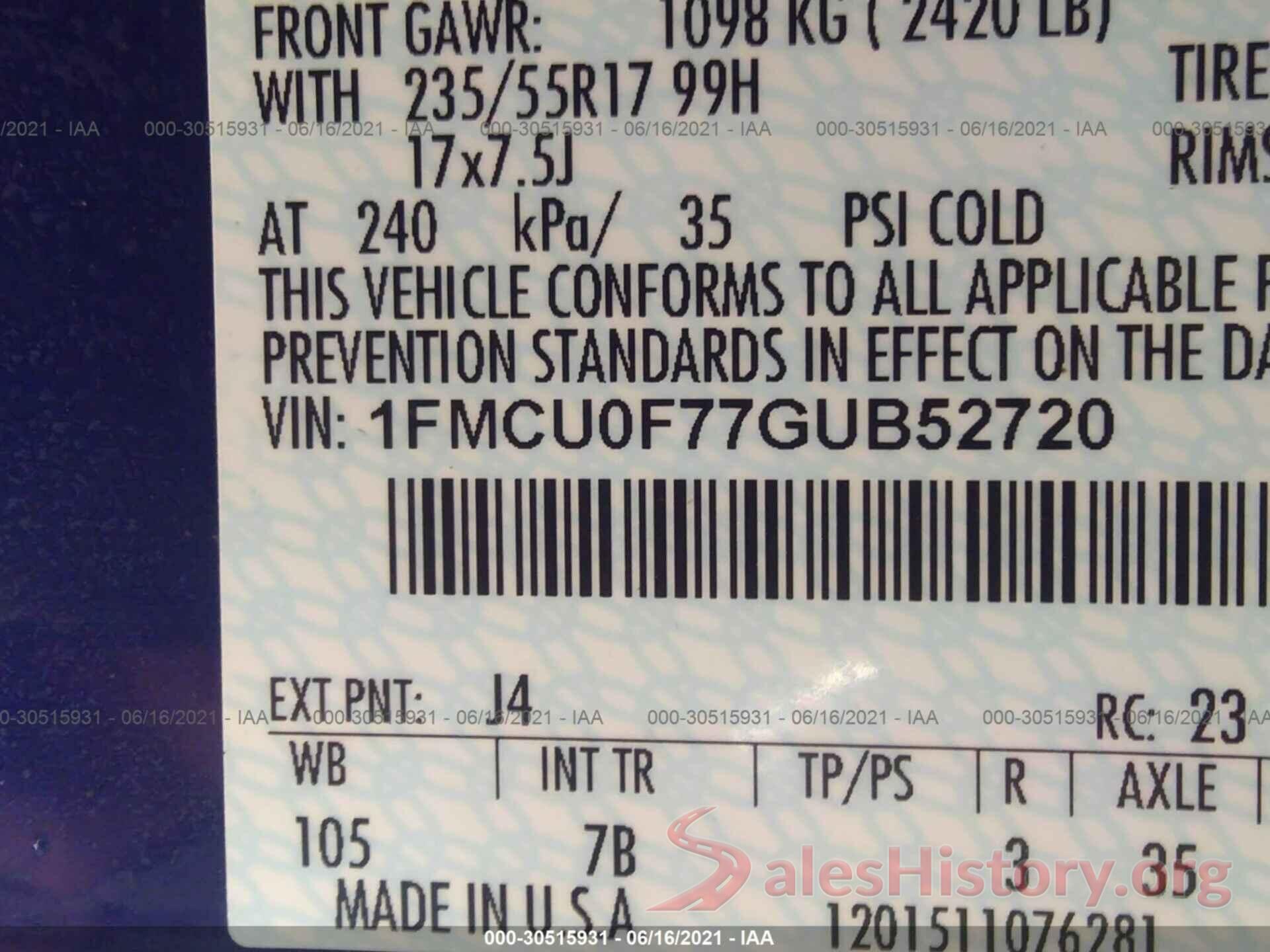 1FMCU0F77GUB52720 2016 FORD ESCAPE