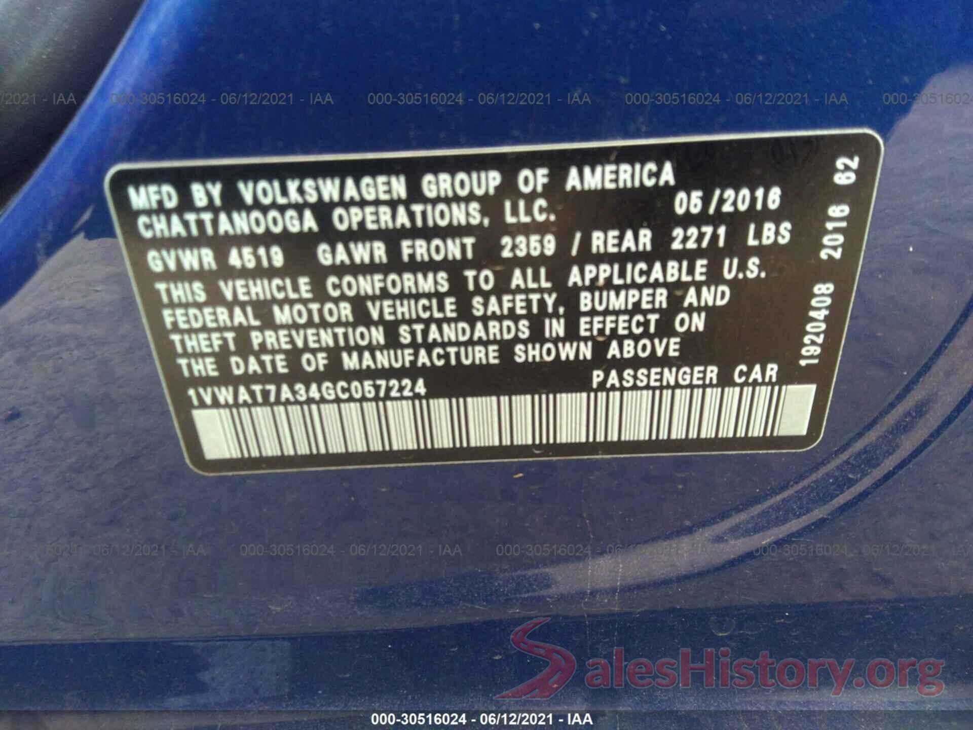 1VWAT7A34GC057224 2016 VOLKSWAGEN PASSAT