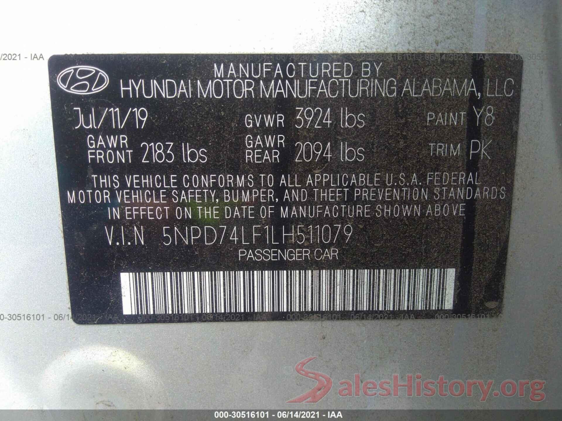 5NPD74LF1LH511079 2020 HYUNDAI ELANTRA