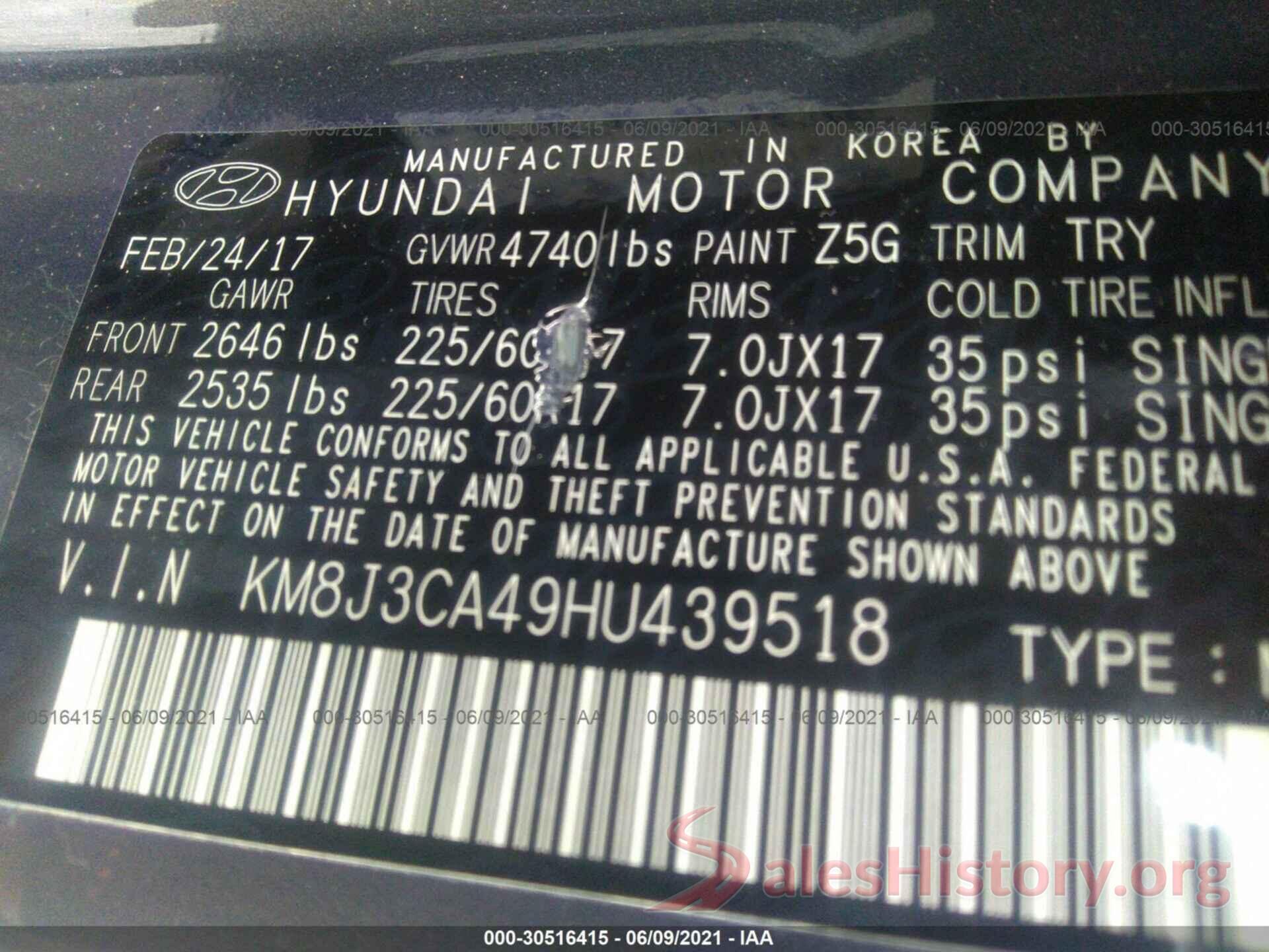 KM8J3CA49HU439518 2017 HYUNDAI TUCSON