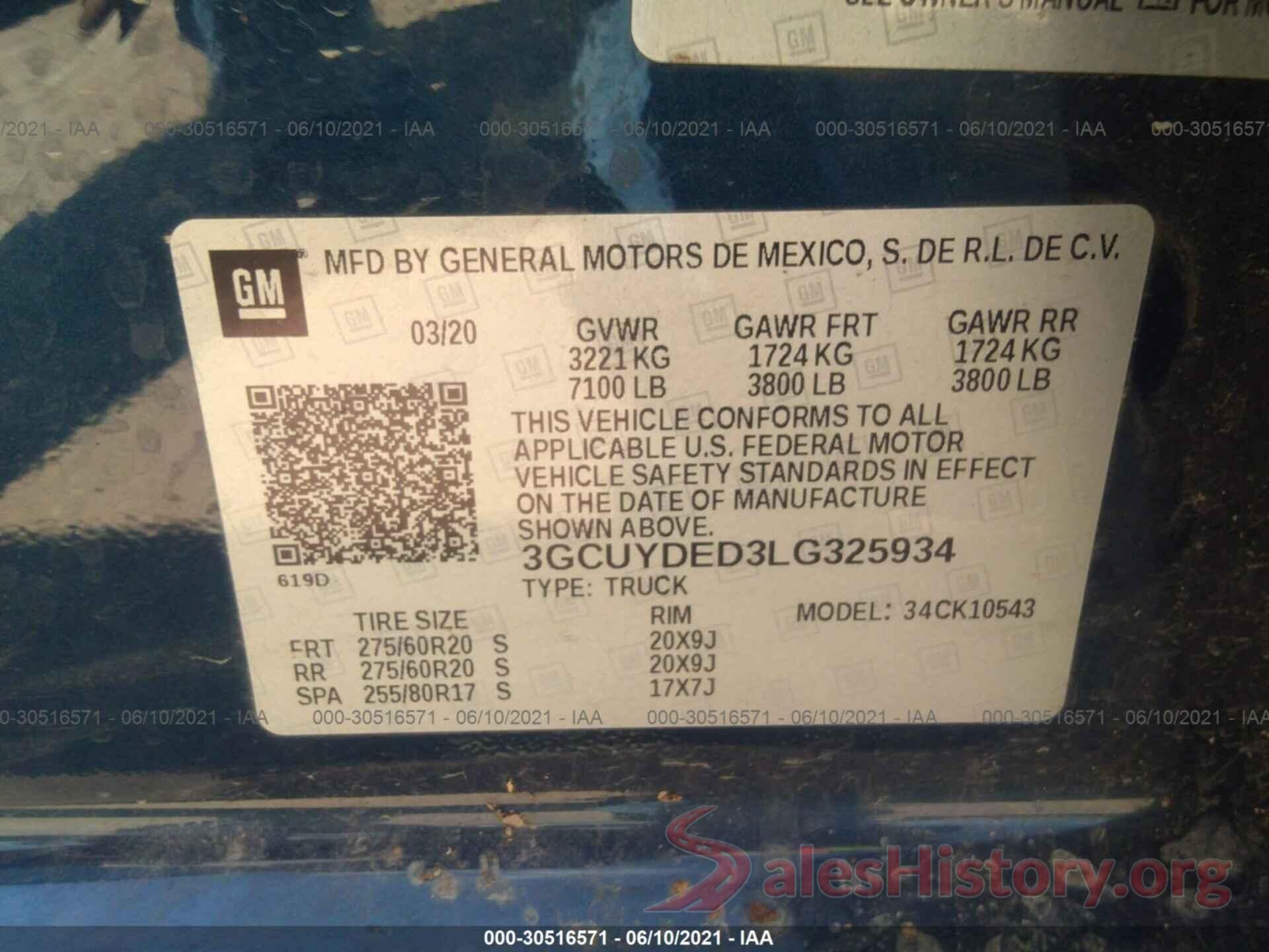 3GCUYDED3LG325934 2020 CHEVROLET SILVERADO 1500