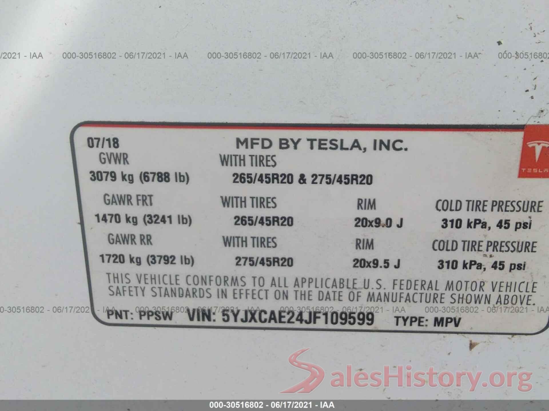 5YJXCAE24JF109599 2018 TESLA MODEL X