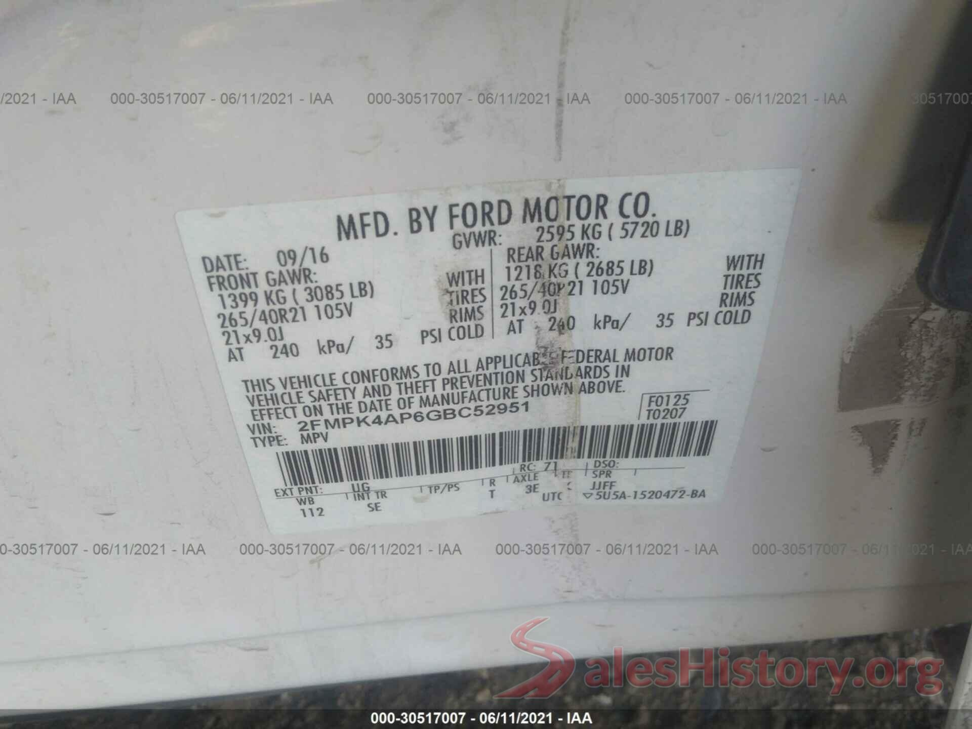 2FMPK4AP6GBC52951 2016 FORD EDGE