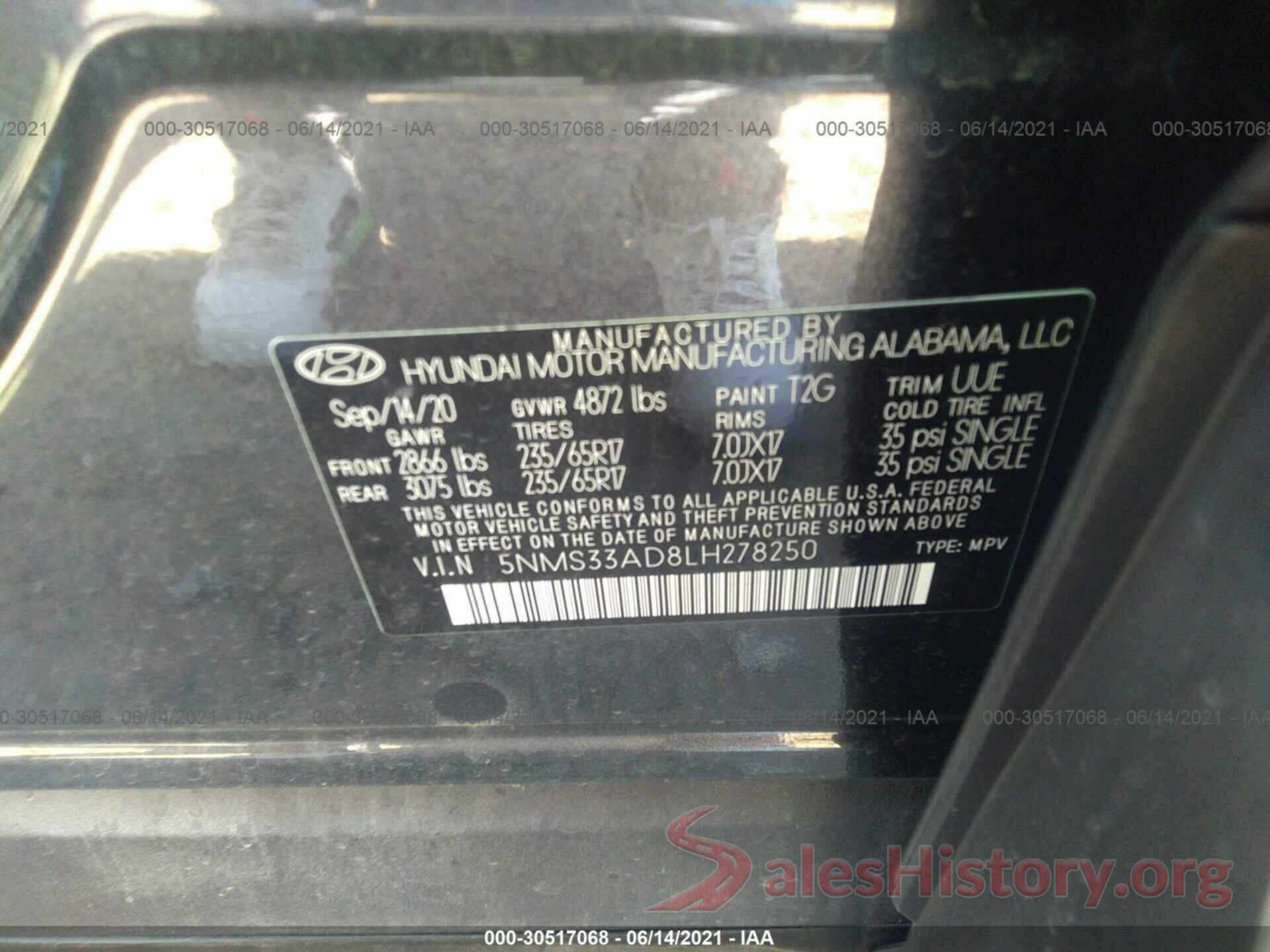 5NMS33AD8LH278250 2020 HYUNDAI SANTA FE