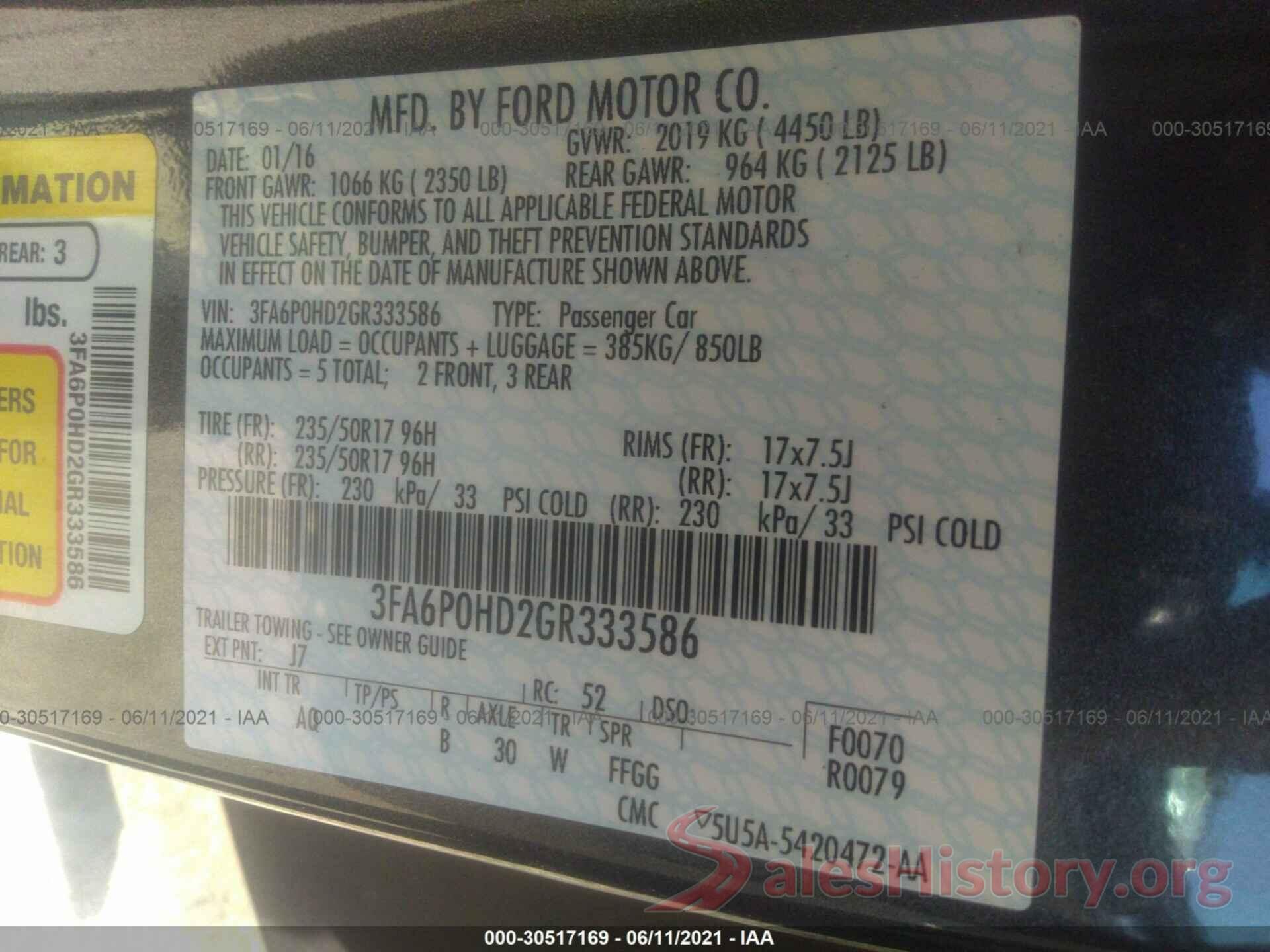 3FA6P0HD2GR333586 2016 FORD FUSION