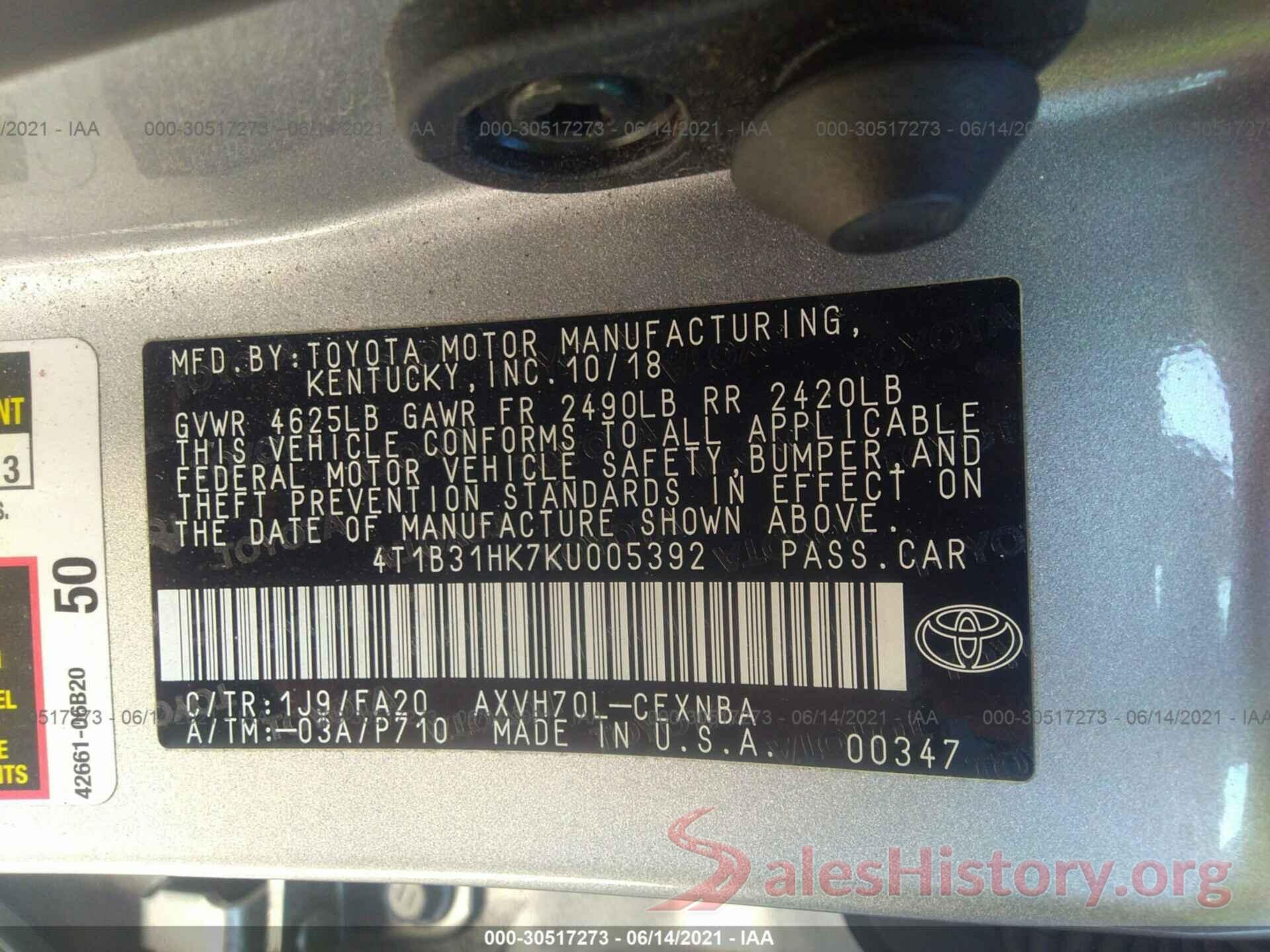 4T1B31HK7KU005392 2019 TOYOTA CAMRY