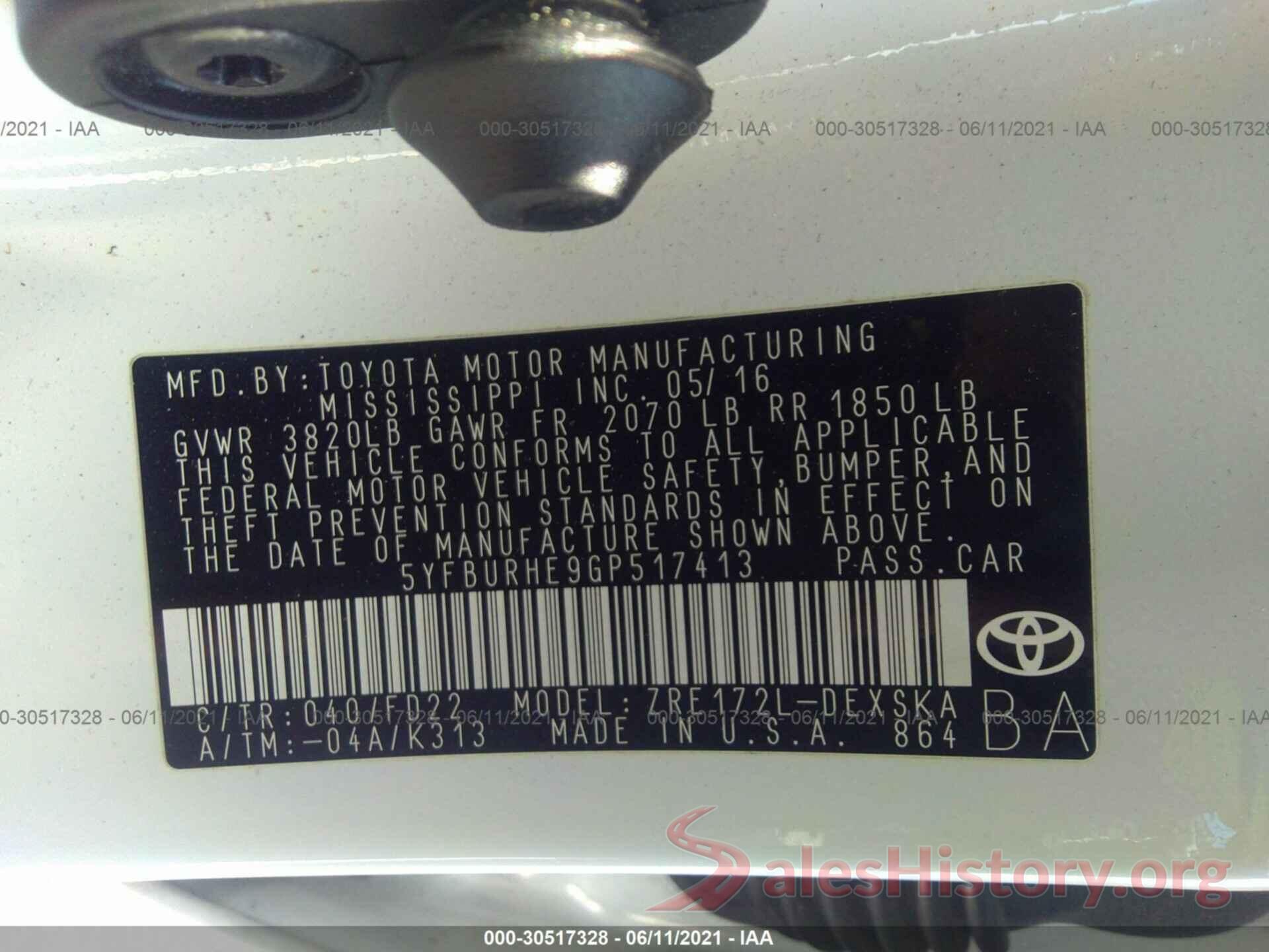 5YFBURHE9GP517413 2016 TOYOTA COROLLA