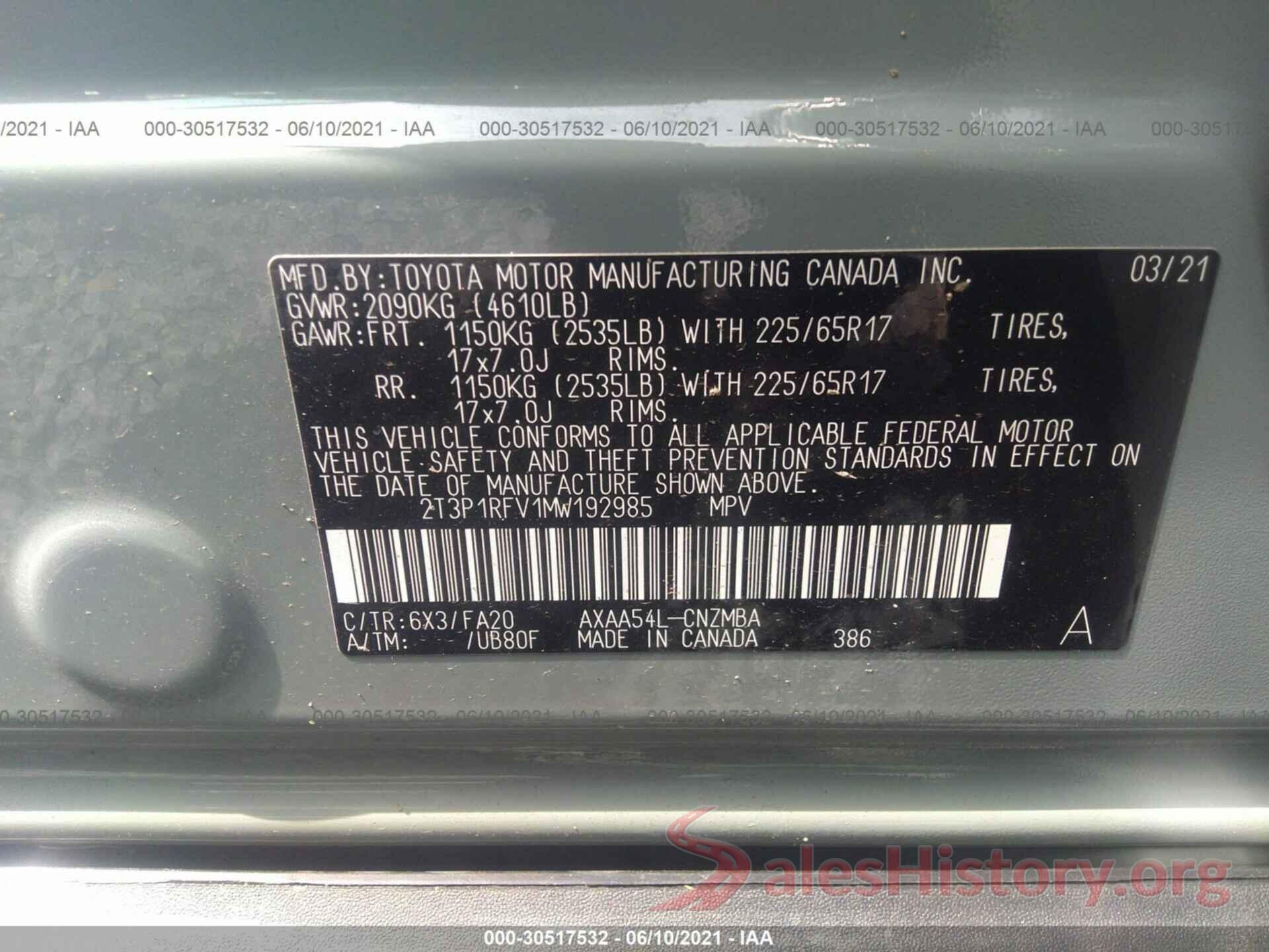 2T3P1RFV1MW192985 2021 TOYOTA RAV4