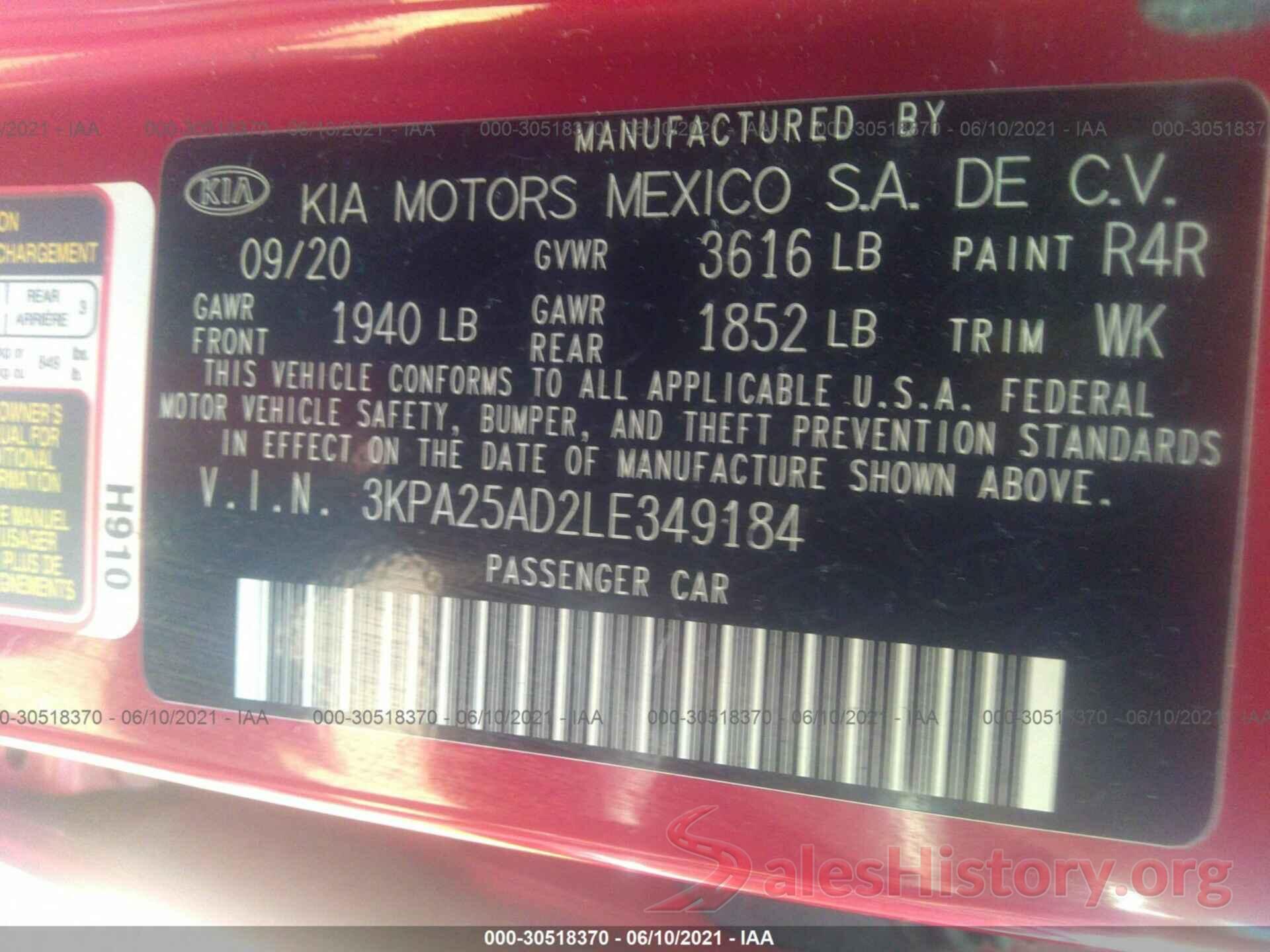 3KPA25AD2LE349184 2020 KIA RIO 5-DOOR