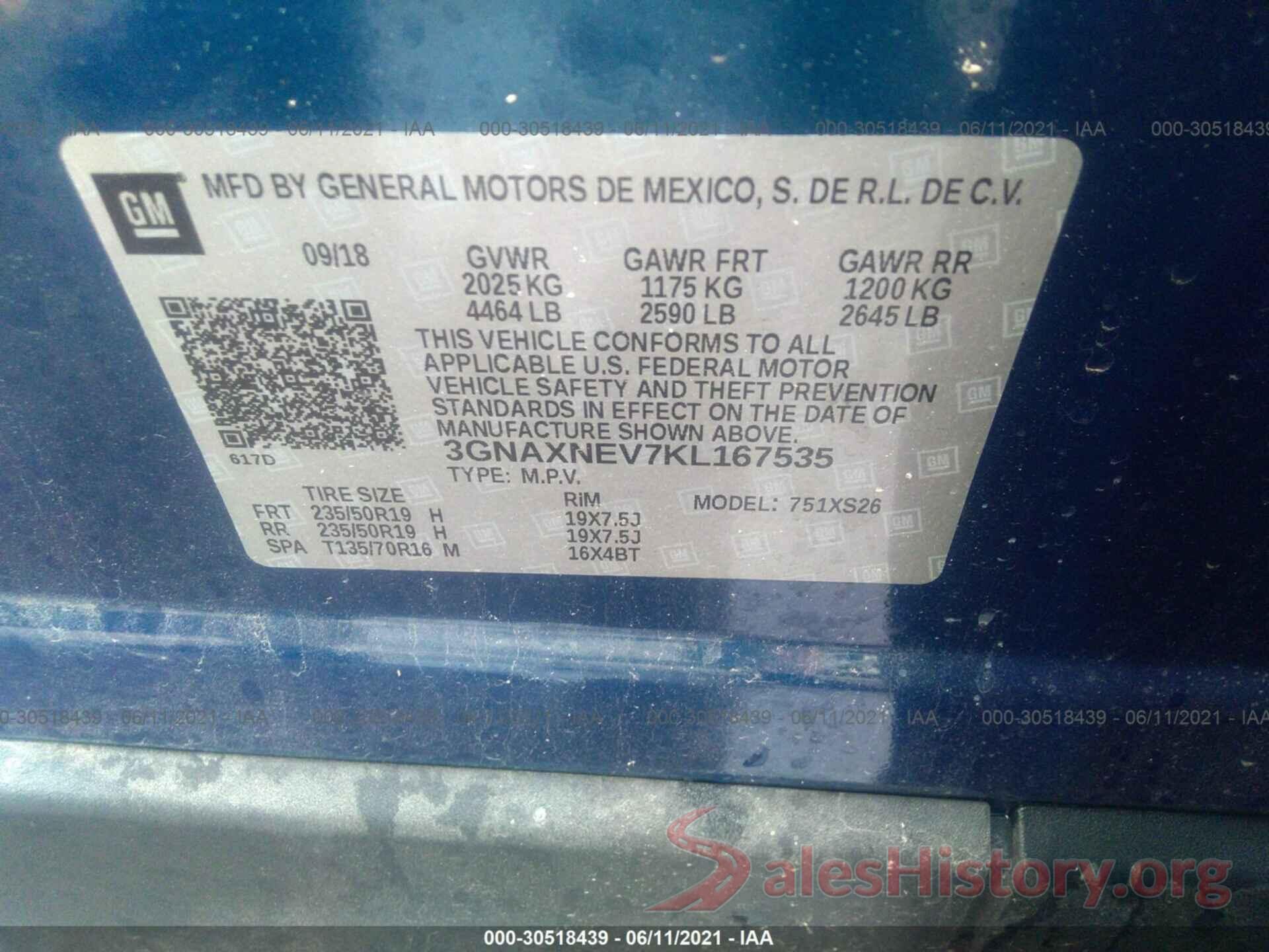 3GNAXNEV7KL167535 2019 CHEVROLET EQUINOX