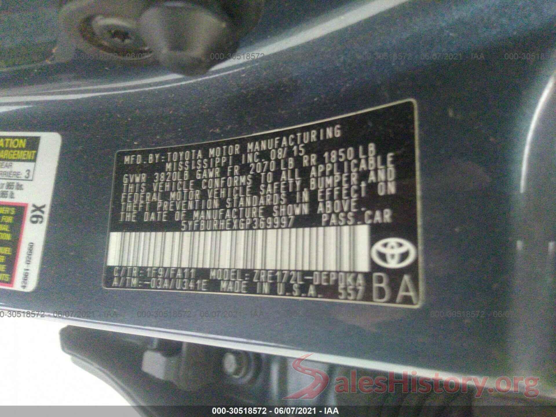 5YFBURHEXGP369997 2016 TOYOTA COROLLA