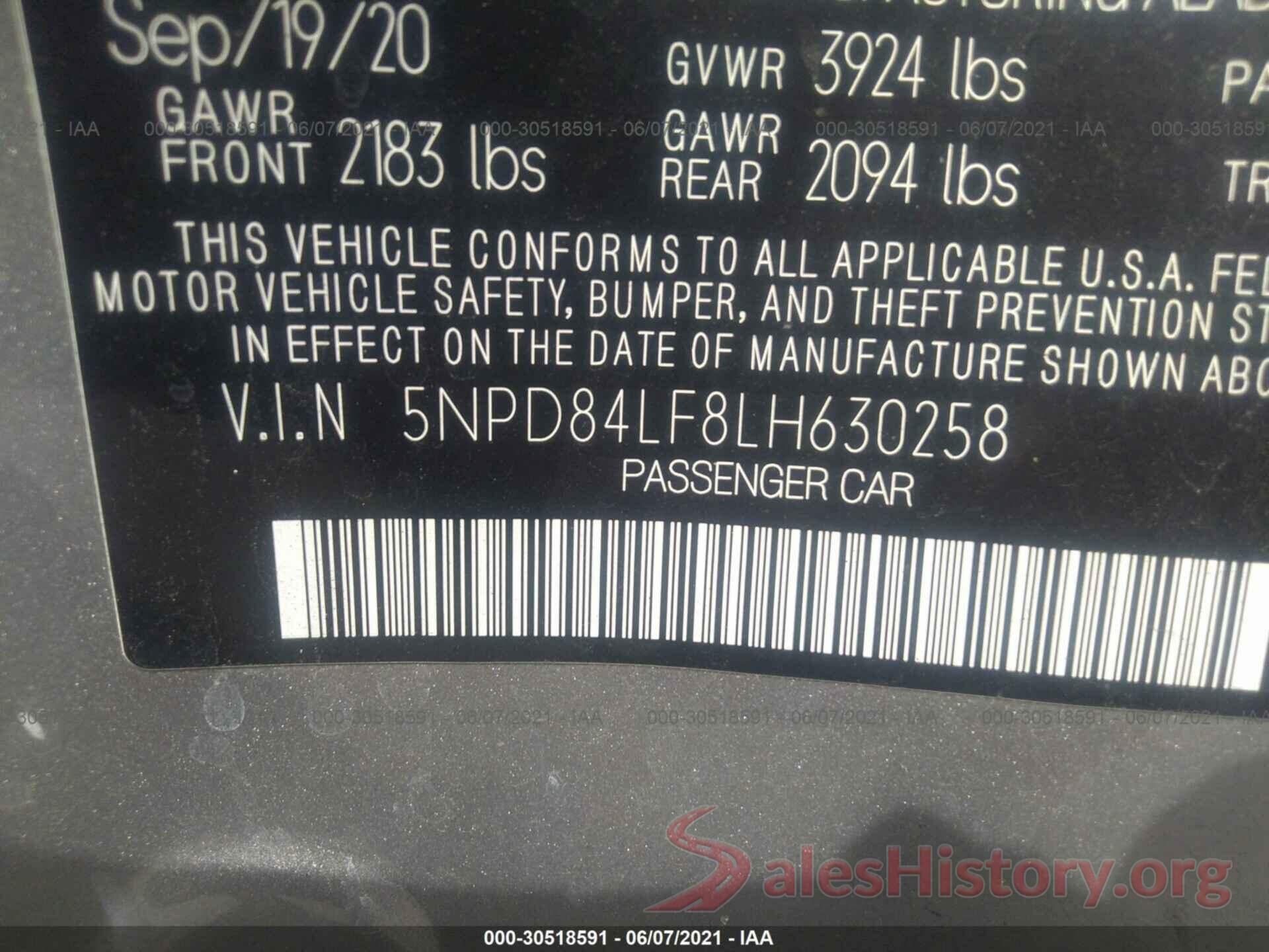 5NPD84LF8LH630258 2020 HYUNDAI ELANTRA