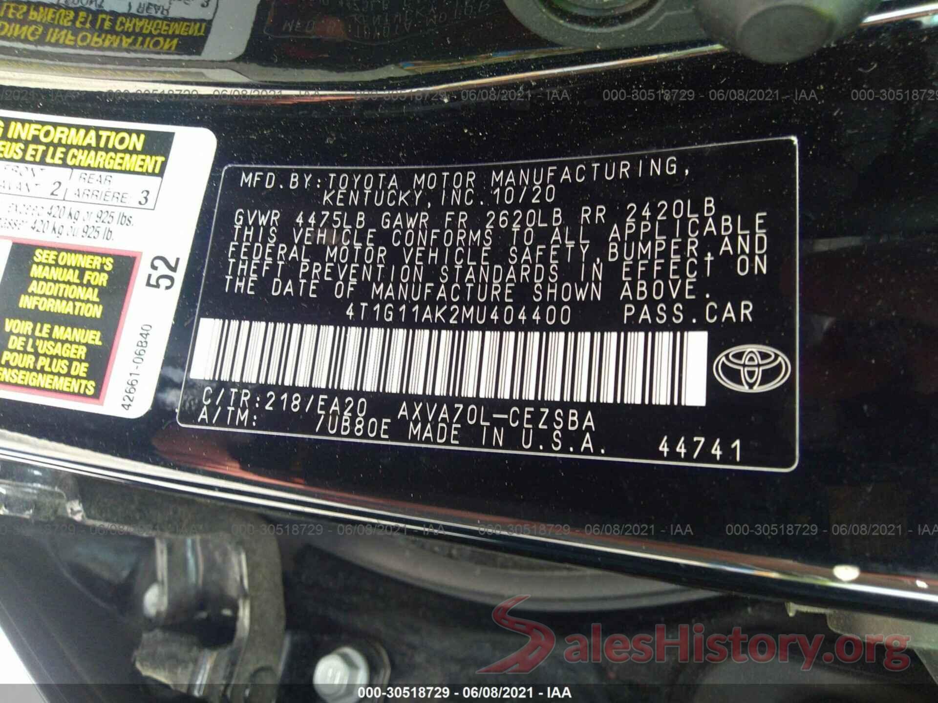 4T1G11AK2MU404400 2021 TOYOTA CAMRY