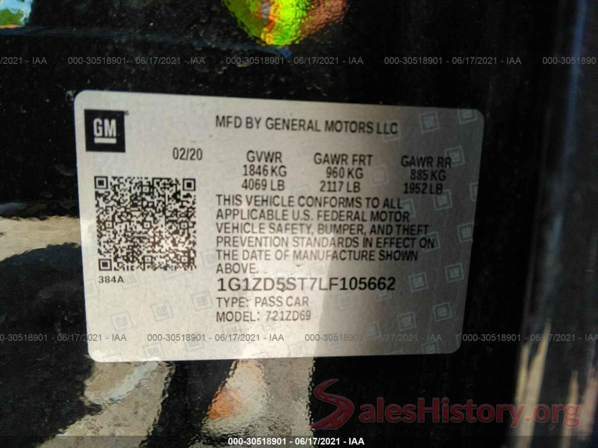 1G1ZD5ST7LF105662 2020 CHEVROLET MALIBU