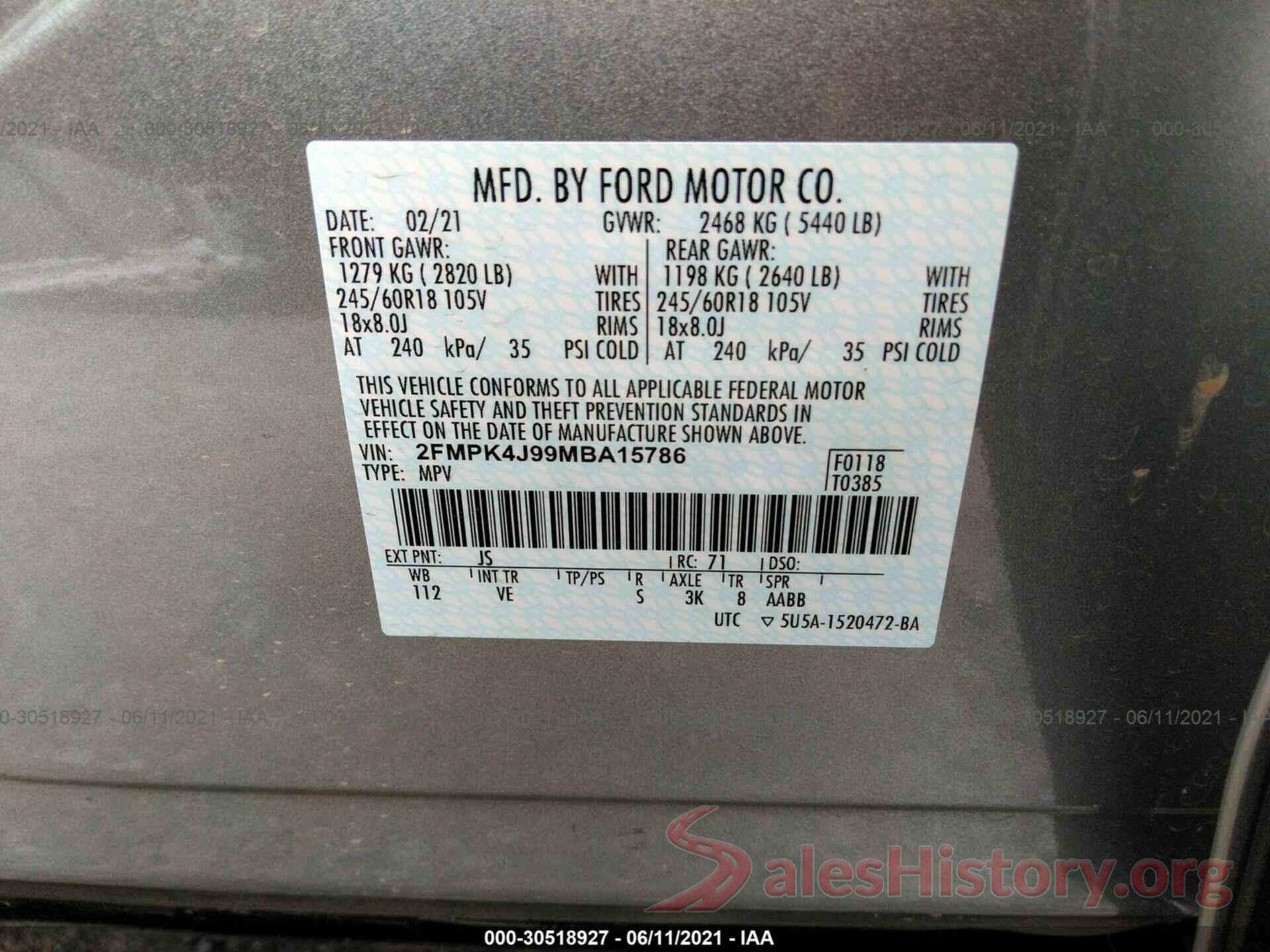 2FMPK4J99MBA15786 2021 FORD EDGE