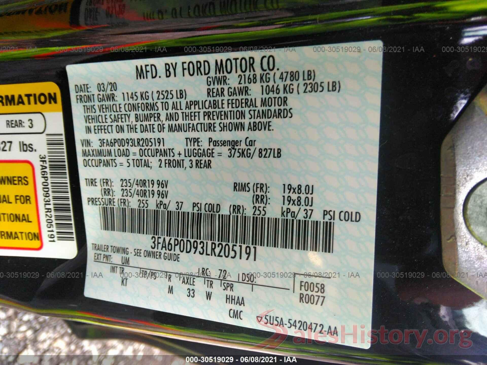 3FA6P0D93LR205191 2020 FORD FUSION