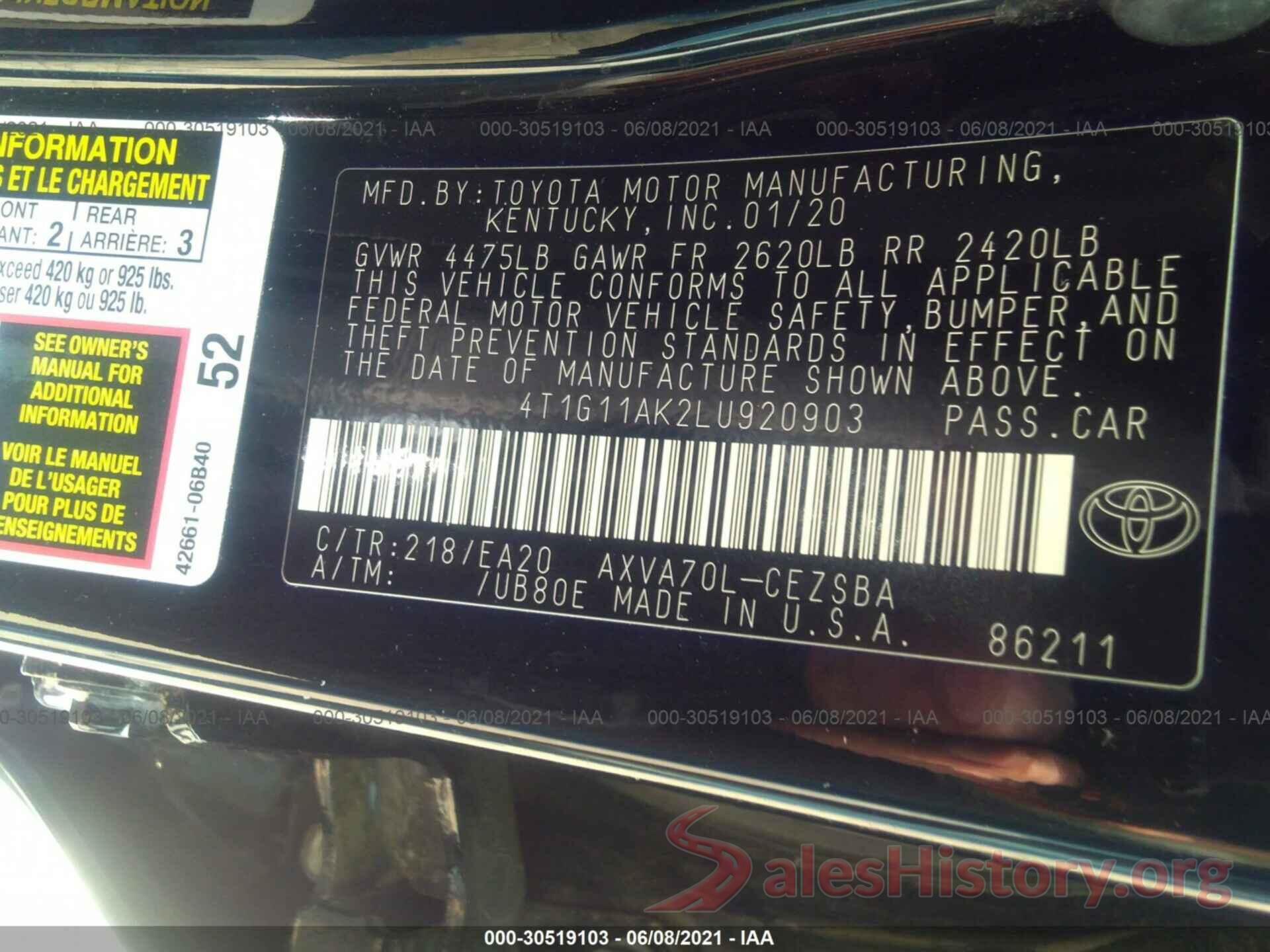 4T1G11AK2LU920903 2020 TOYOTA CAMRY