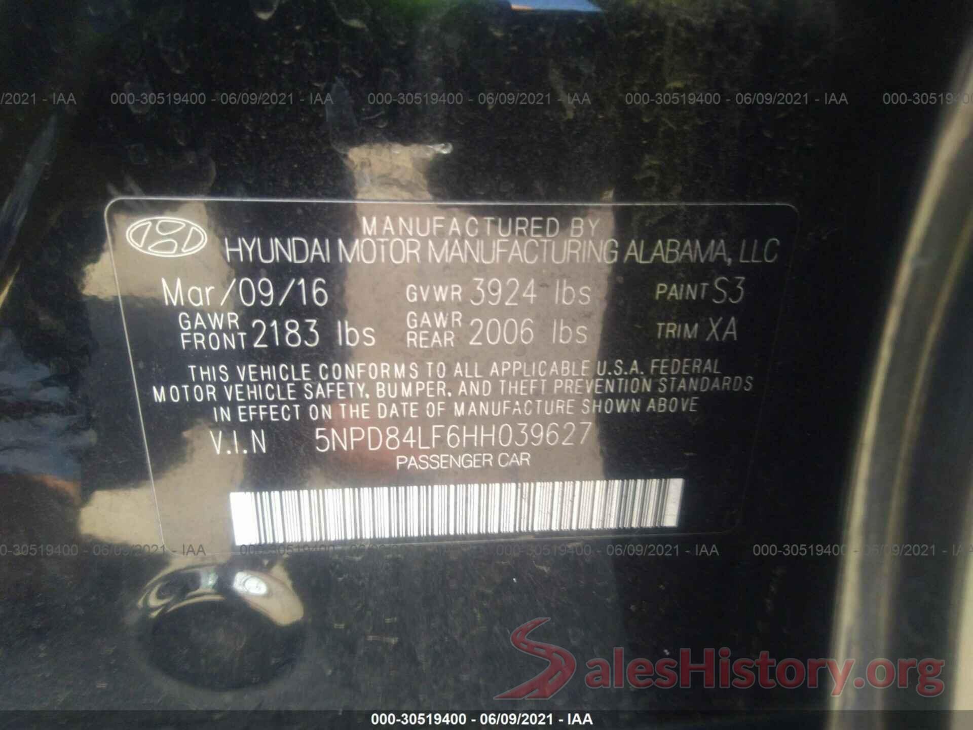 5NPD84LF6HH039627 2017 HYUNDAI ELANTRA