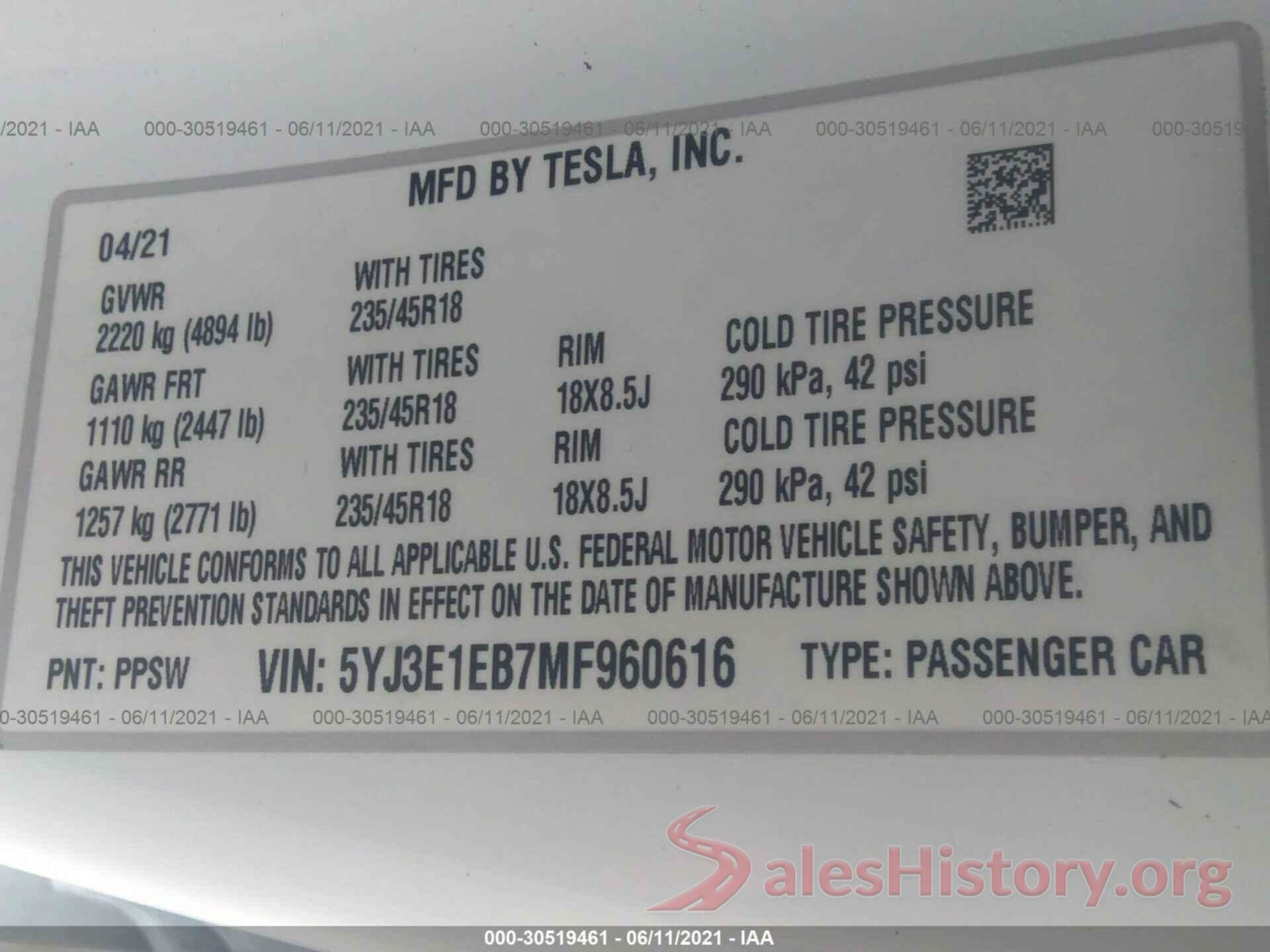 5YJ3E1EB7MF960616 2021 TESLA MODEL 3