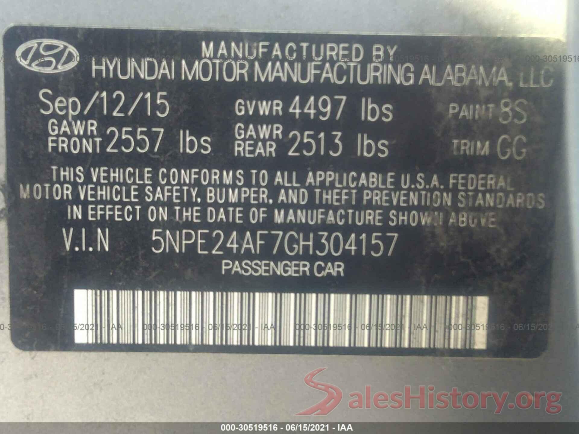 5NPE24AF7GH304157 2016 HYUNDAI SONATA