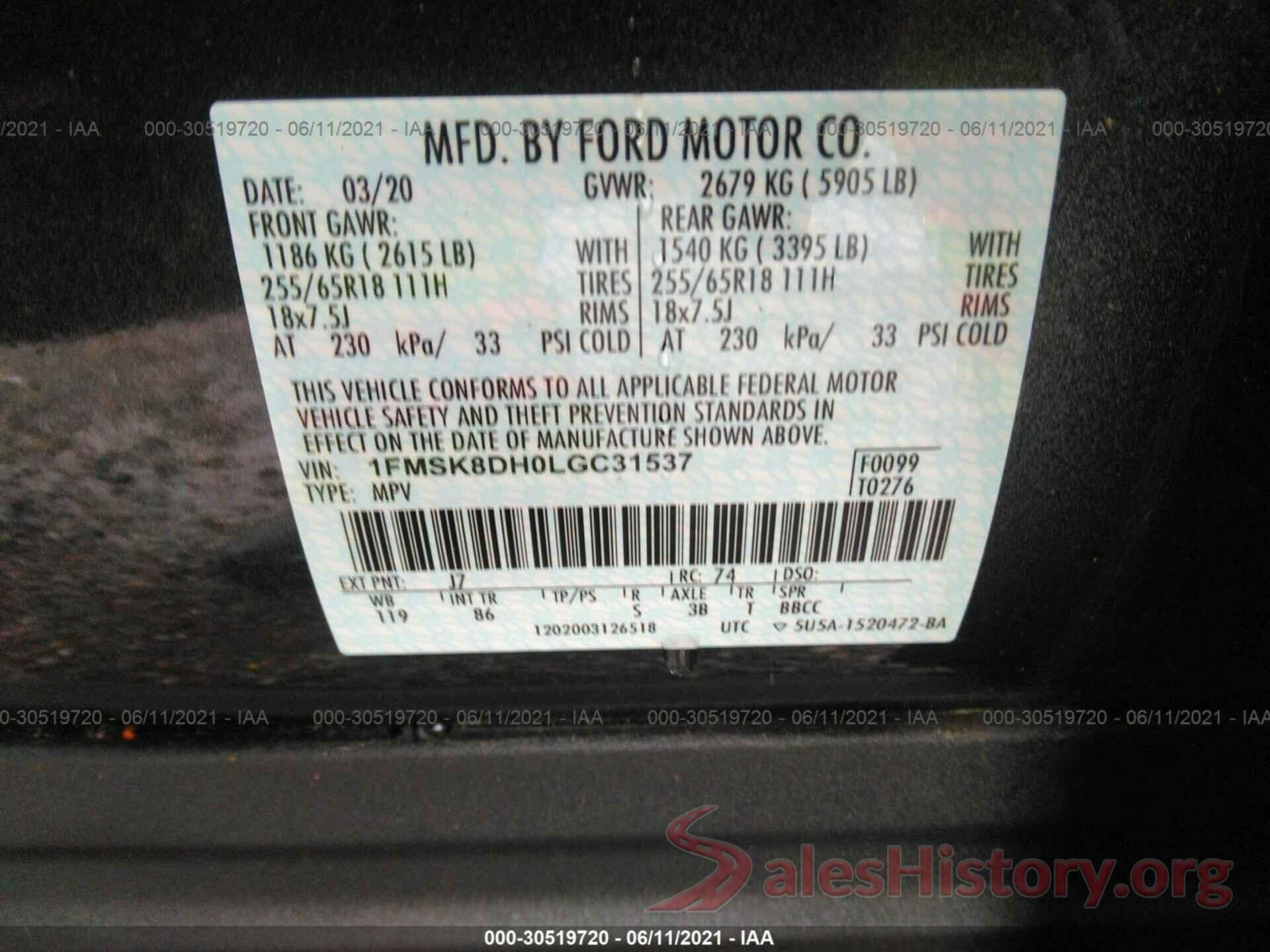 1FMSK8DH0LGC31537 2020 FORD EXPLORER