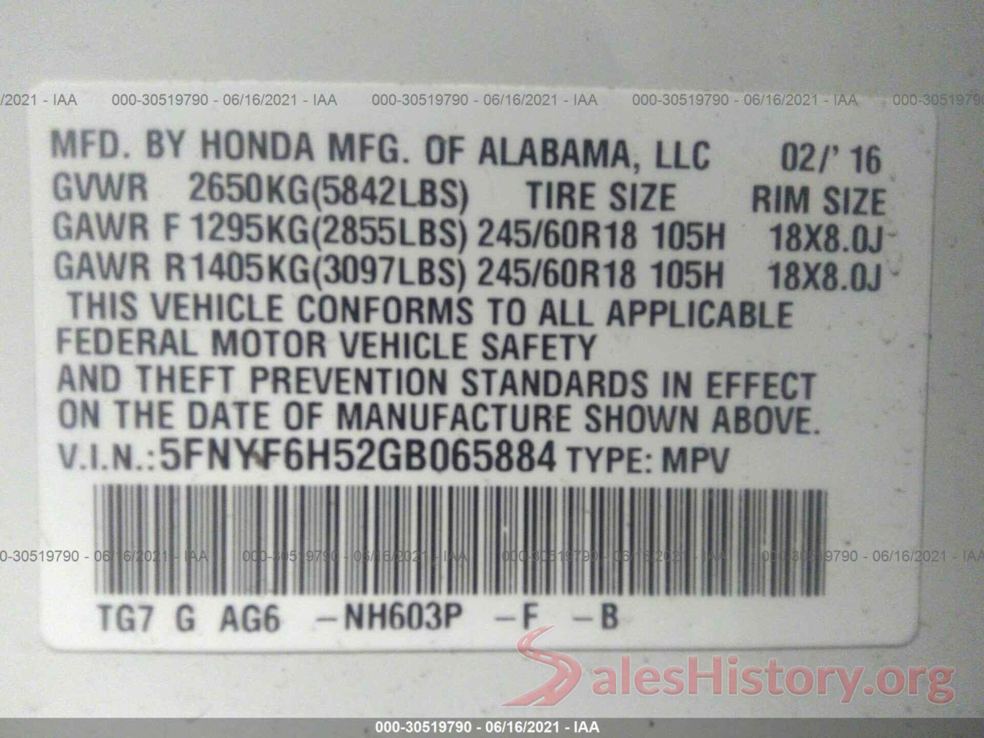 5FNYF6H52GB065884 2016 HONDA PILOT