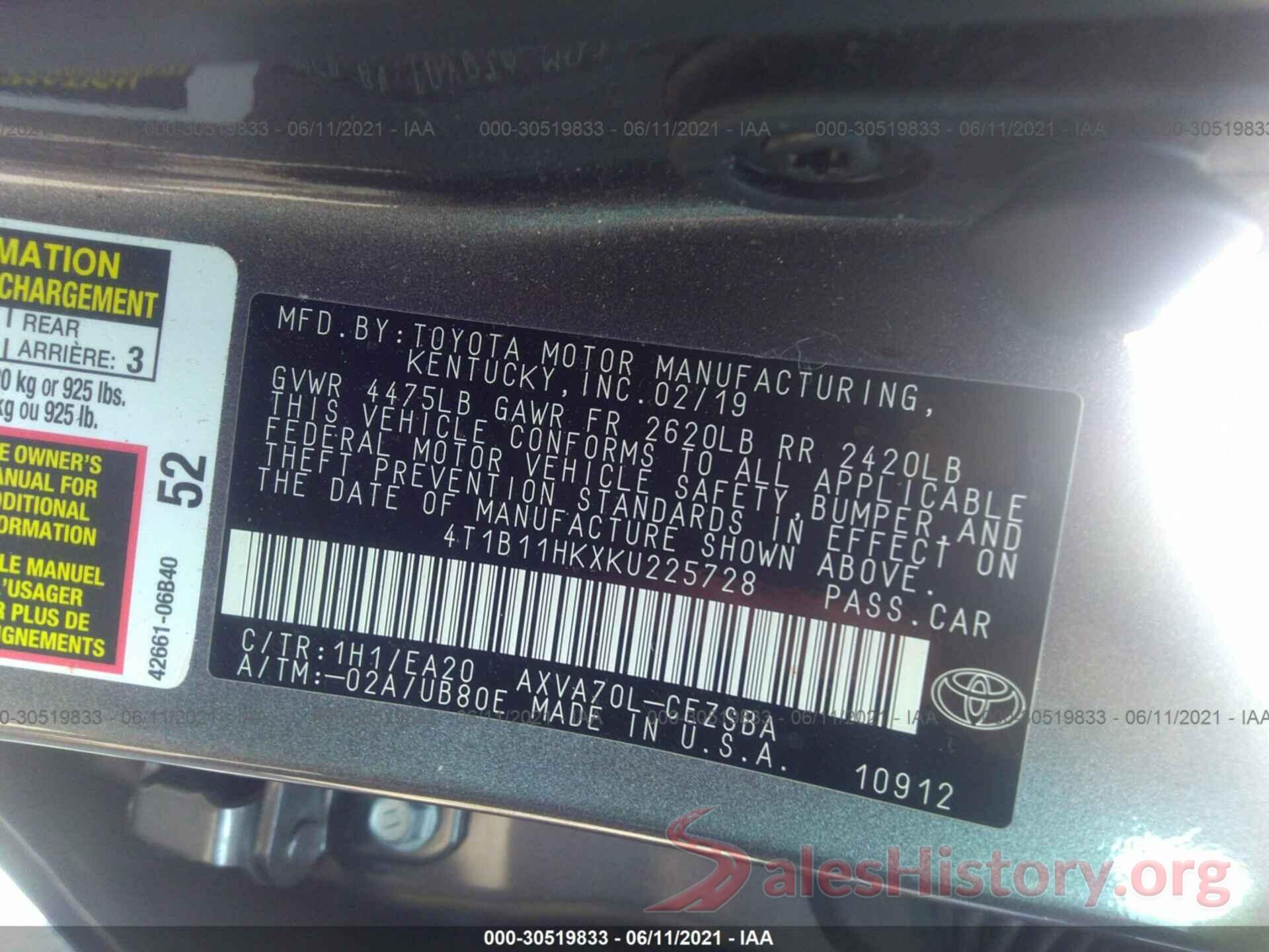 4T1B11HKXKU225728 2019 TOYOTA CAMRY