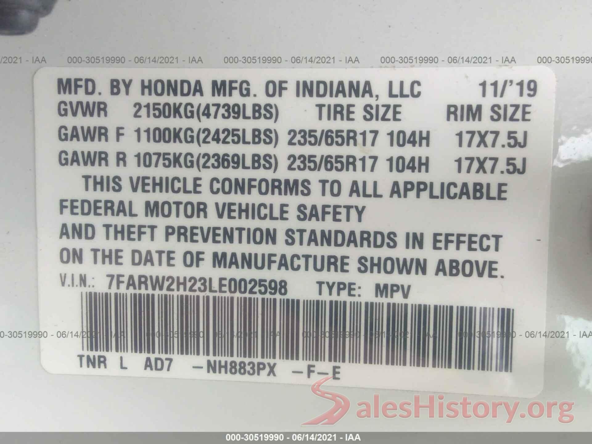 7FARW2H23LE002598 2020 HONDA CR-V