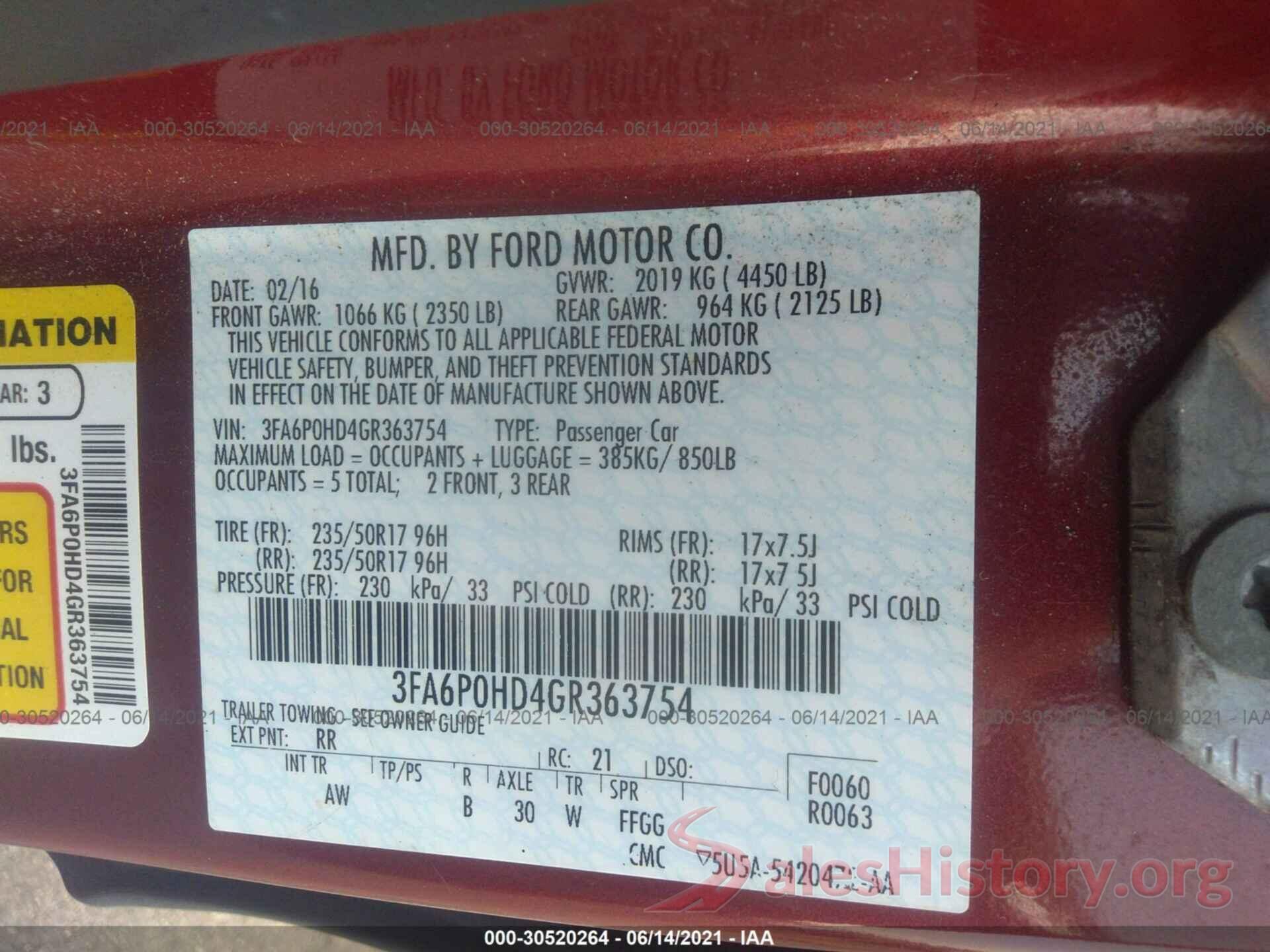 3FA6P0HD4GR363754 2016 FORD FUSION