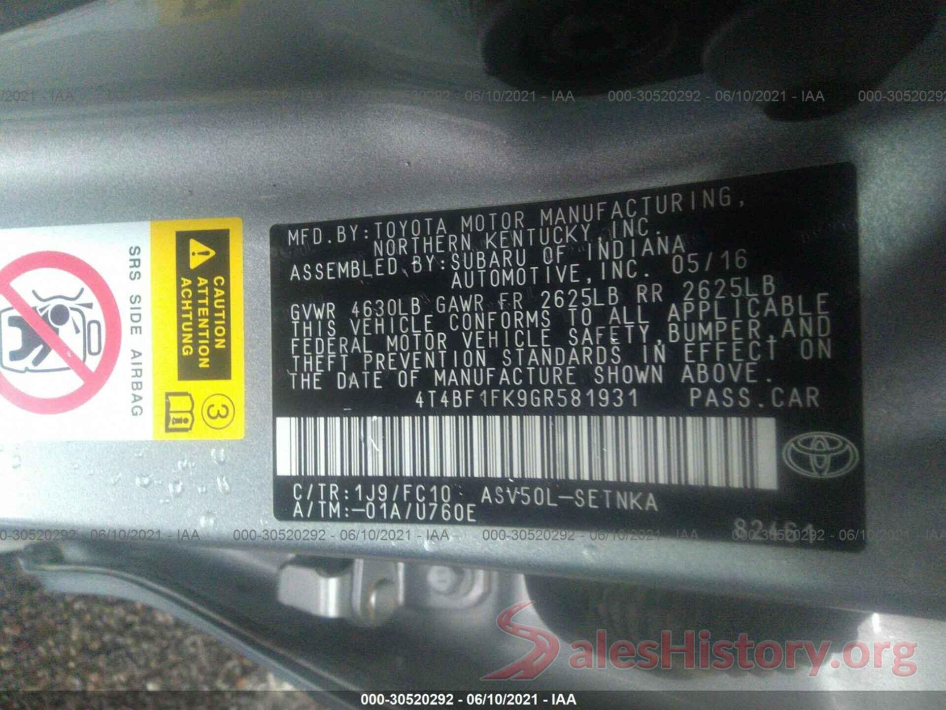 4T4BF1FK9GR581931 2016 TOYOTA CAMRY