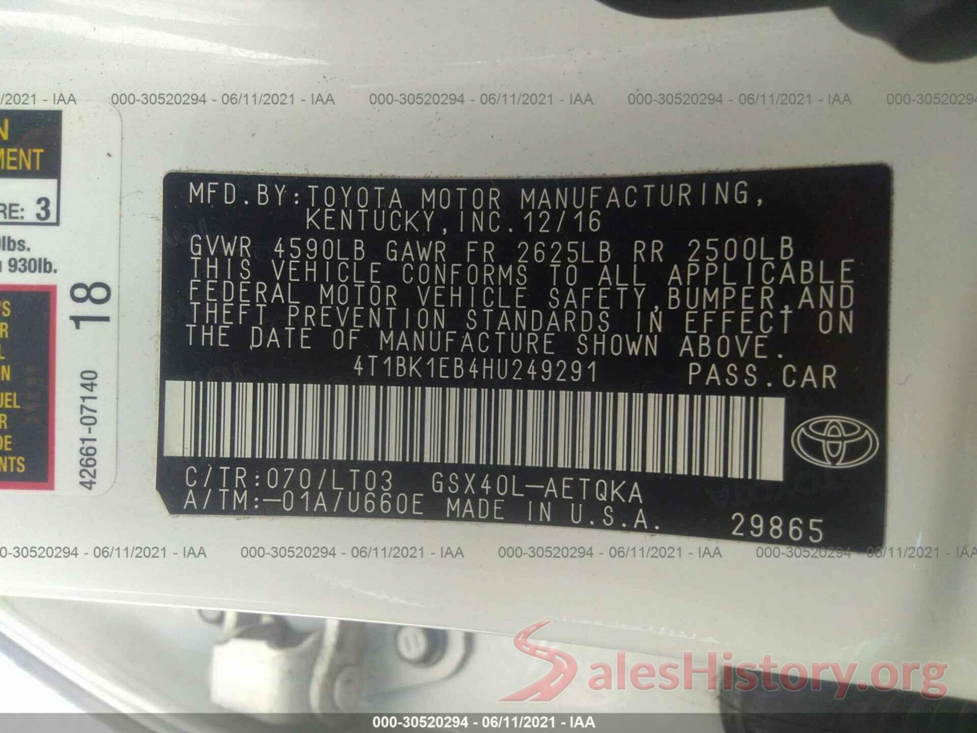 4T1BK1EB4HU249291 2017 TOYOTA AVALON